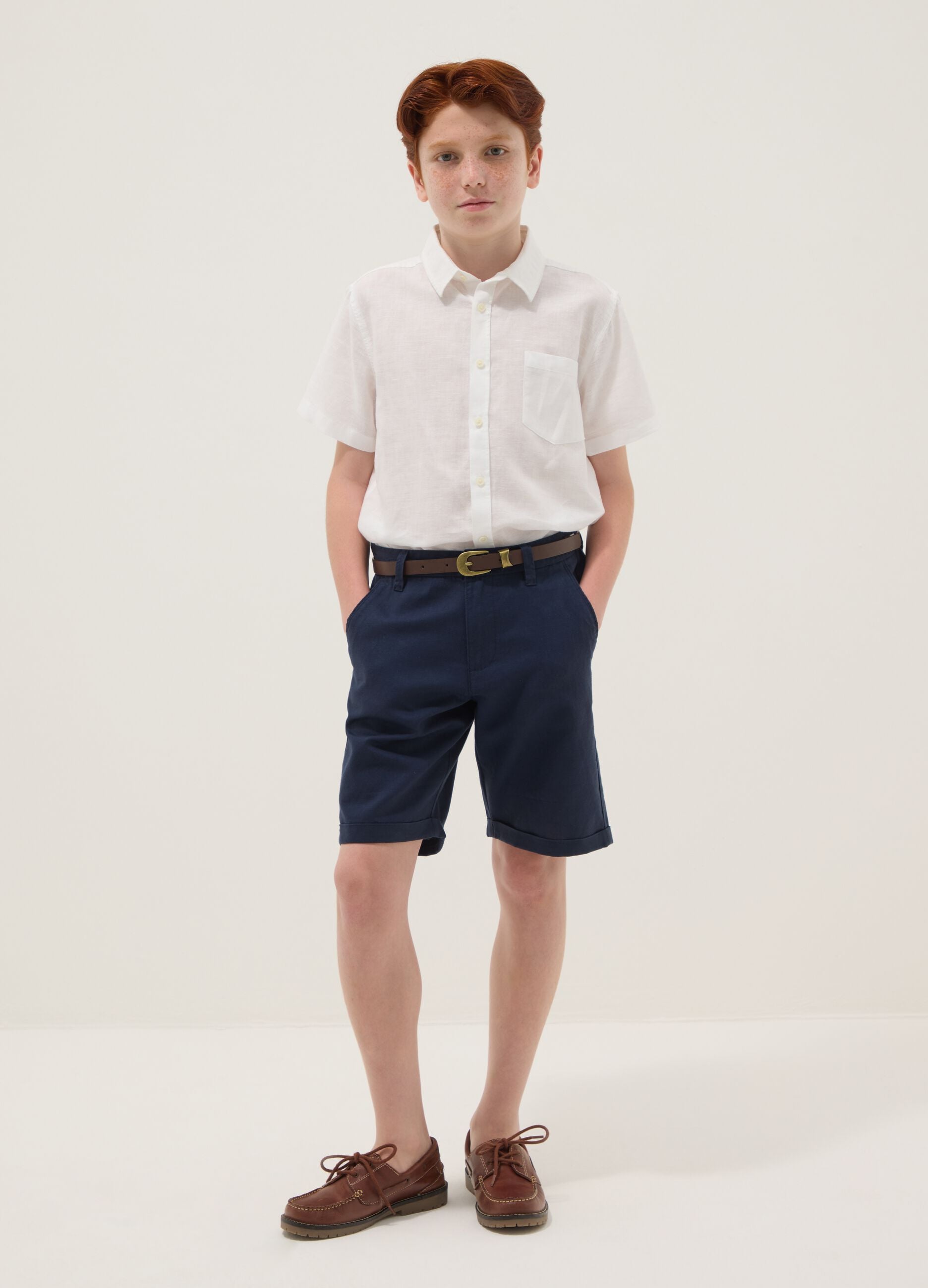 Boys&rsquo; blue linen and cotton blend regular-fit shorts