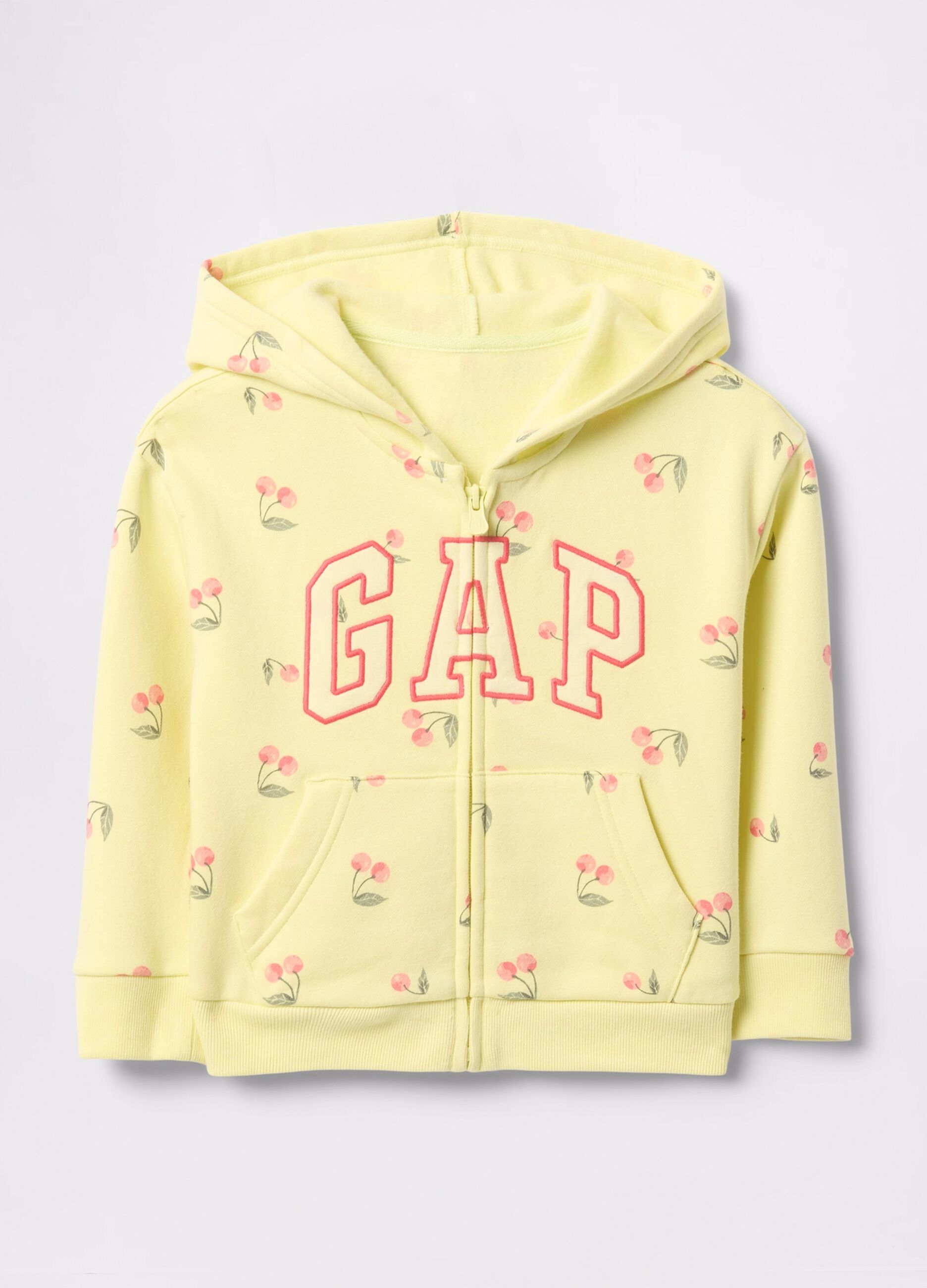Yellow full-zip sweatshirt with hood, cherries print and logo embroidery