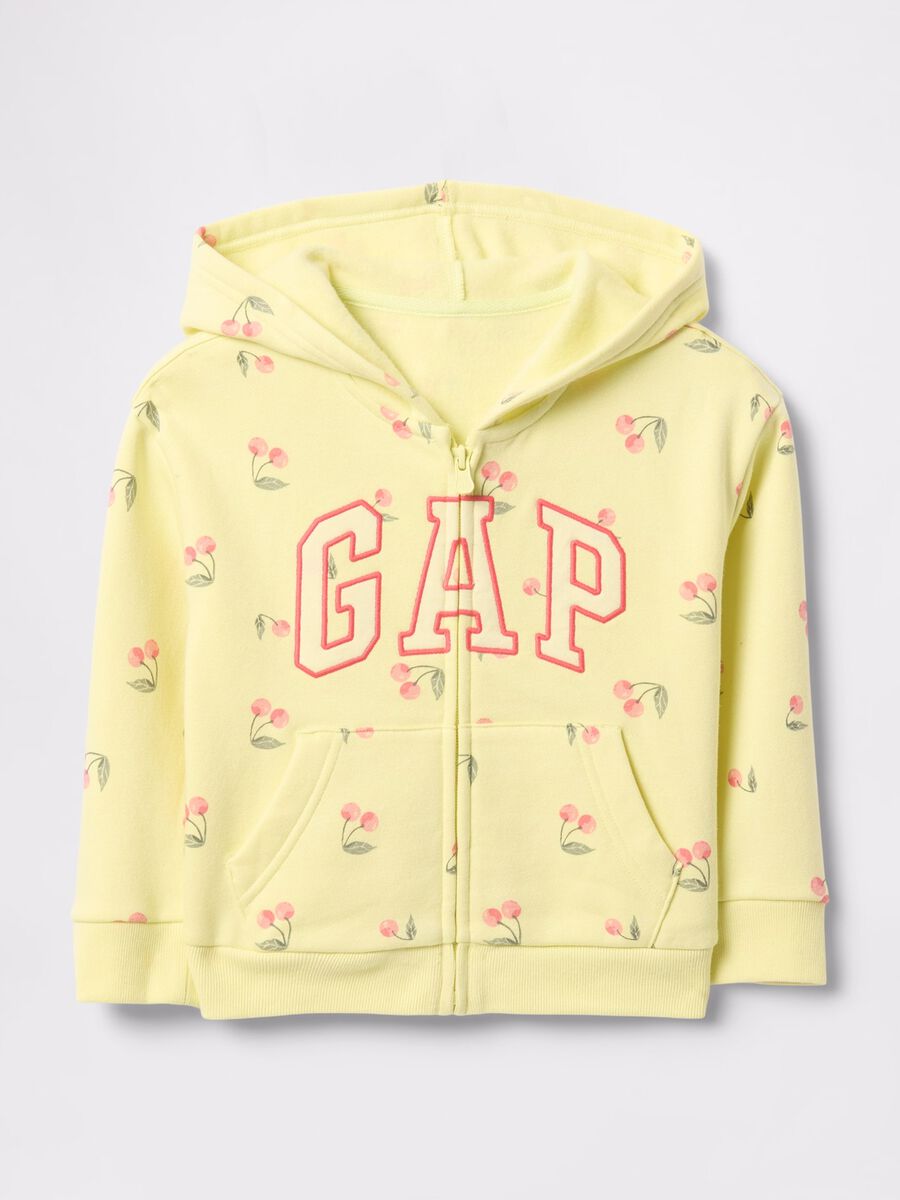 Yellow full-zip sweatshirt with hood, cherries print and logo embroidery_0