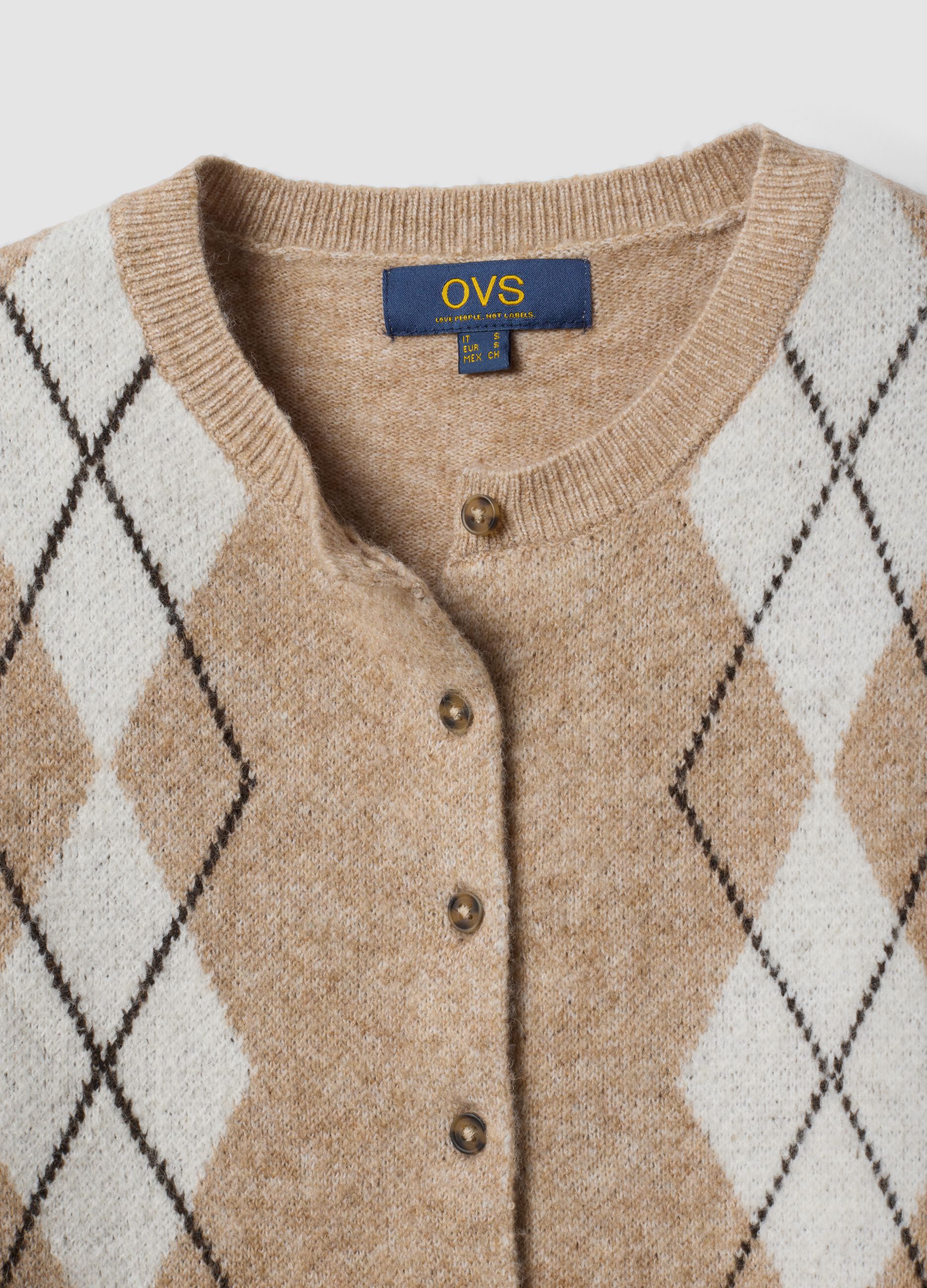 Beige jacquard stretch wool crew-neck cardigan, regular fit