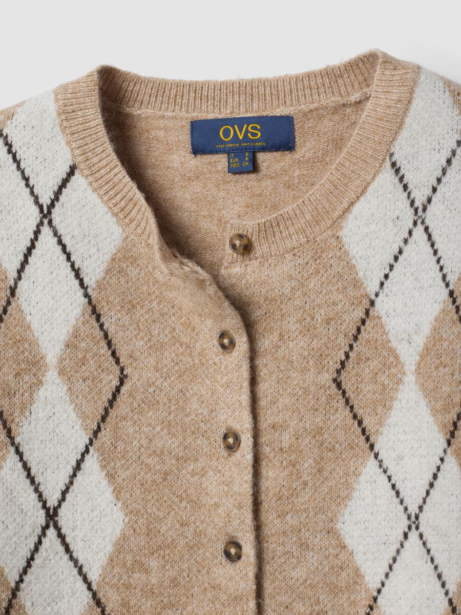 Cardigan beige in lana elasticizzata jacquard girocollo regular fit_5