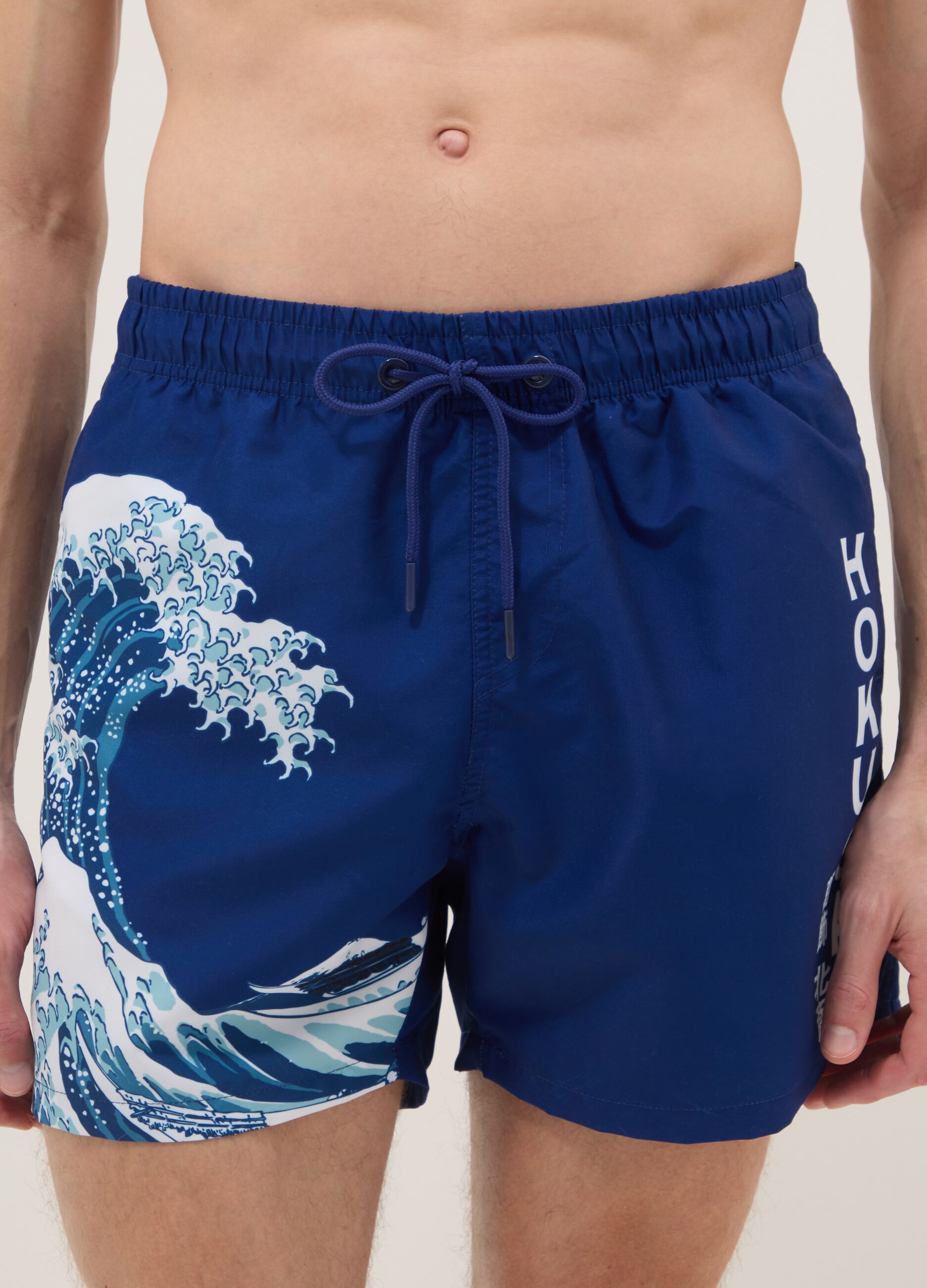 Blue beach boxers with Hokusai wave print