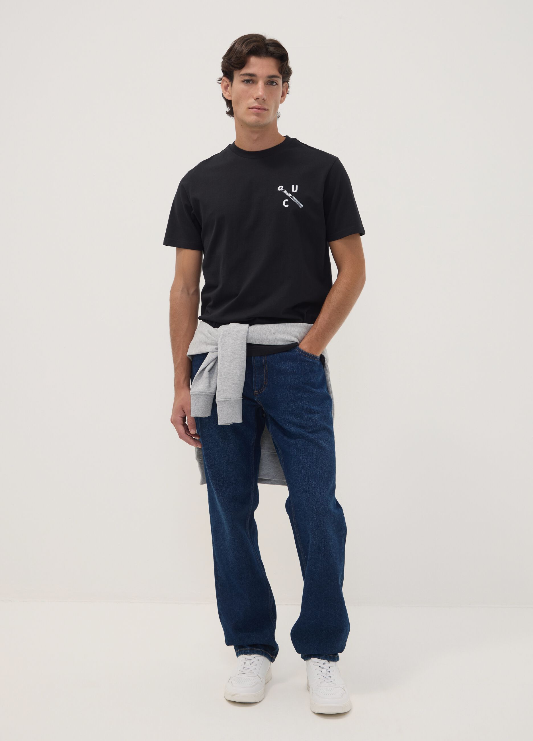 Black pure cotton crew-neck printed T-shirt