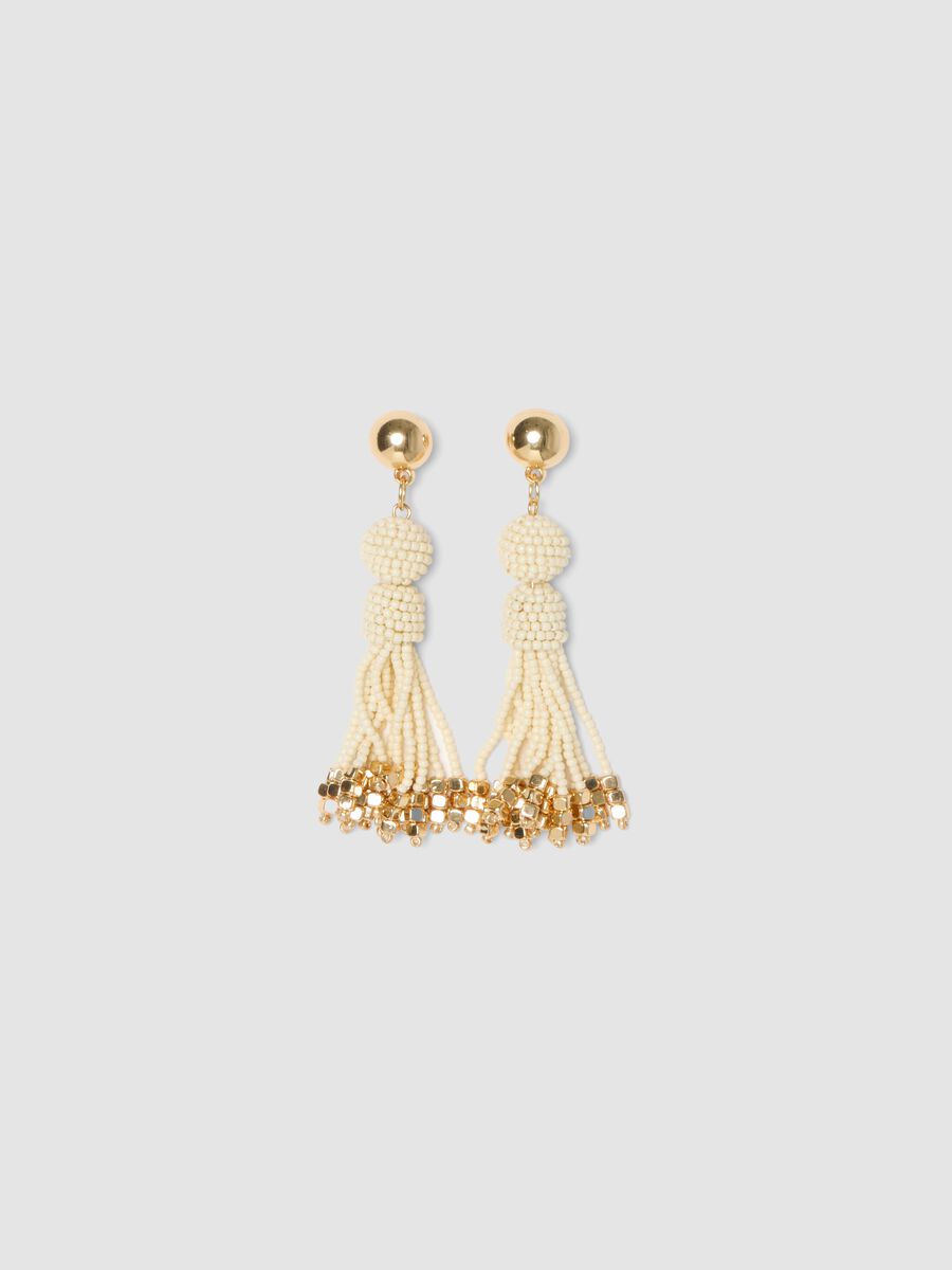 Elegant earrings with white glass beads and golden details_0