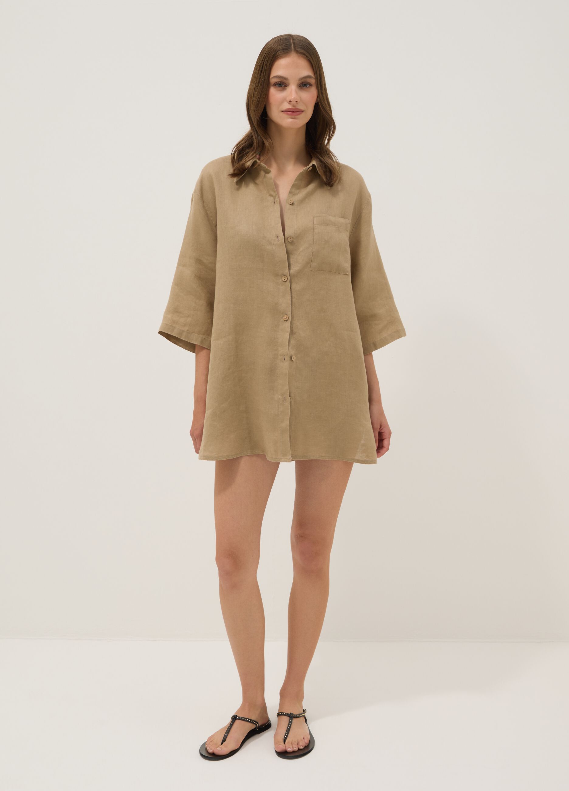Long beige pure linen beach cover-up