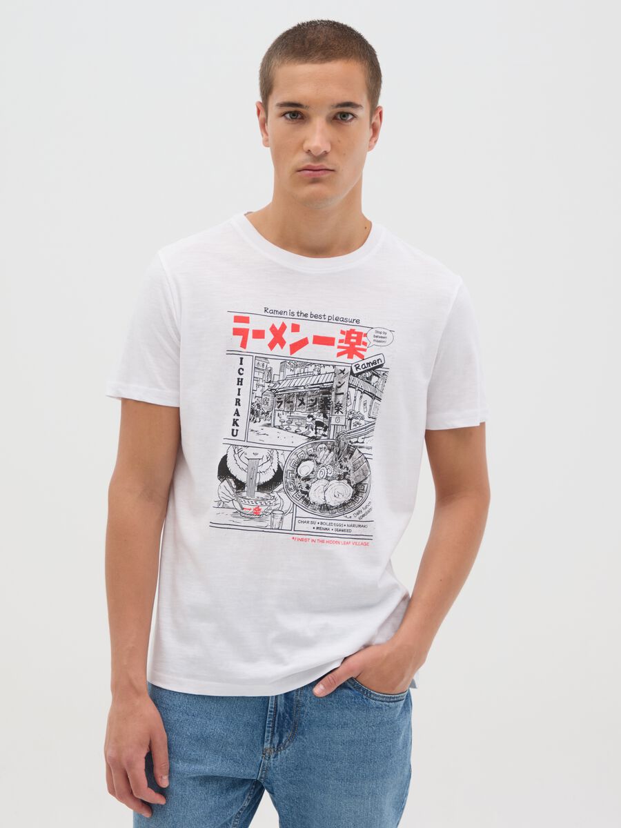White pure cotton T-shirt with Ramen print_0