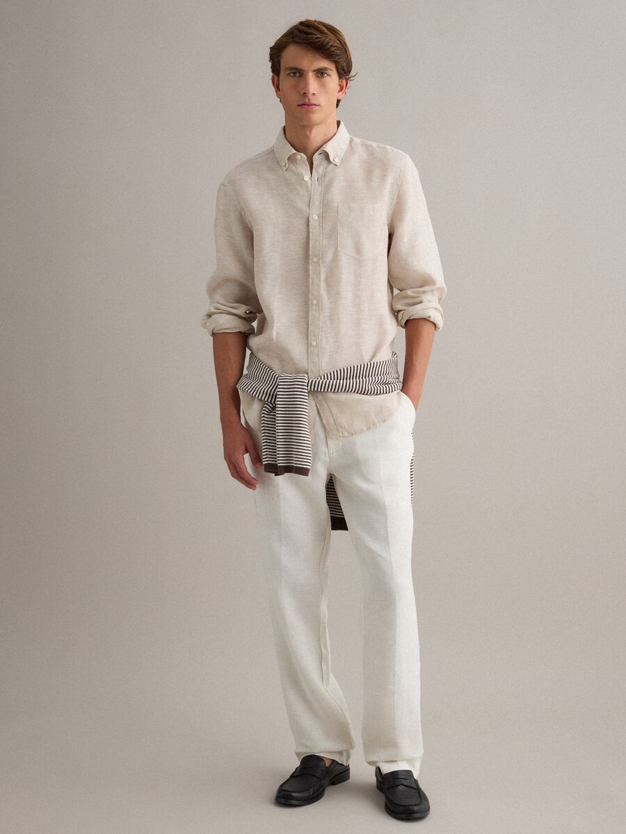 Camicia beige in puro lino con colletto button down regular fit_2