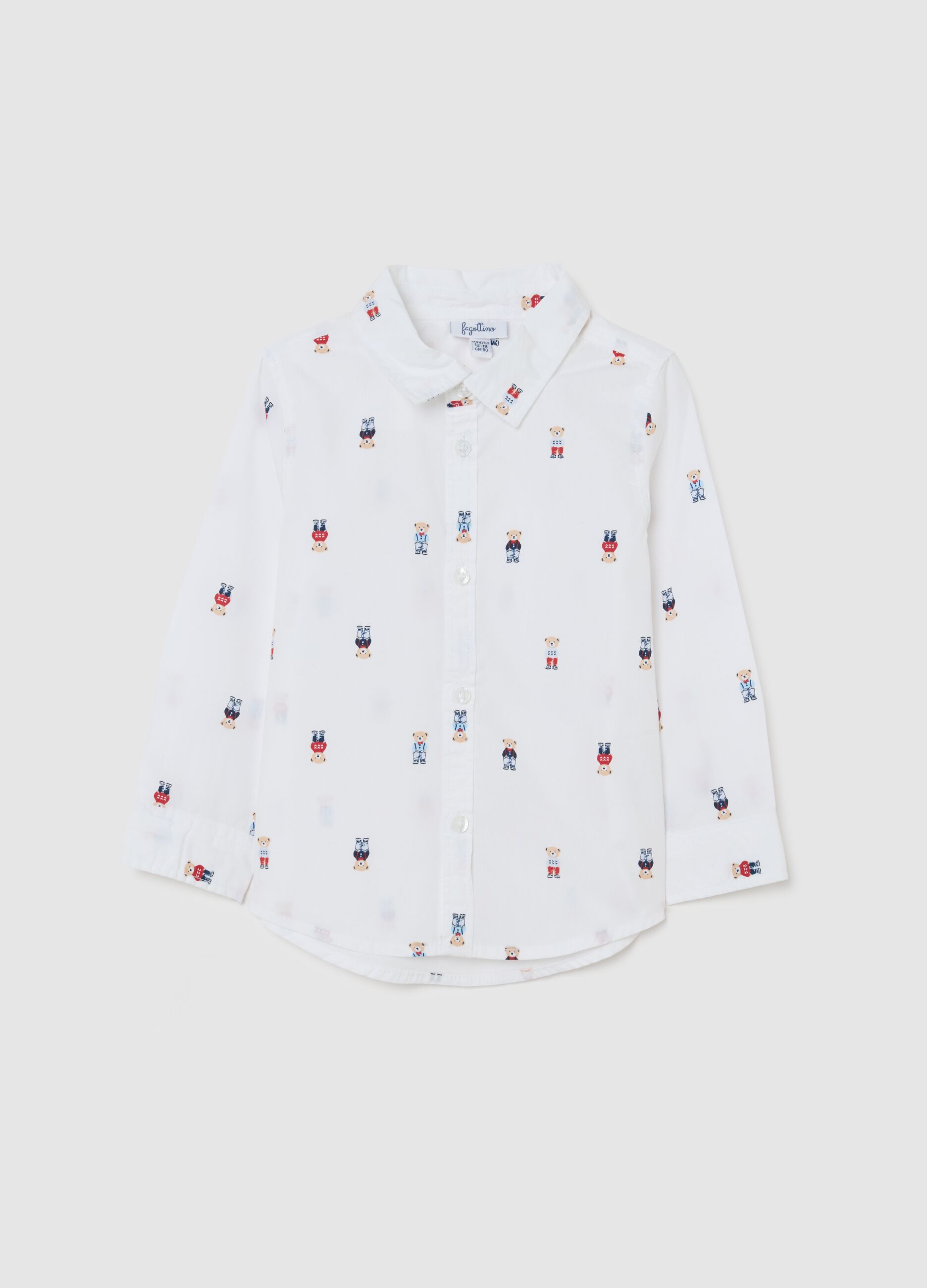 White regular fit pure cotton baby shirt with teddy bears