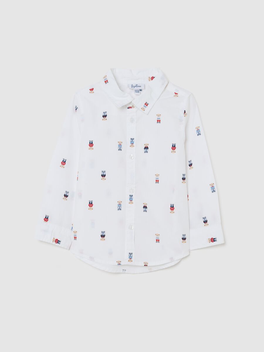 White regular fit pure cotton baby shirt with teddy bears_0
