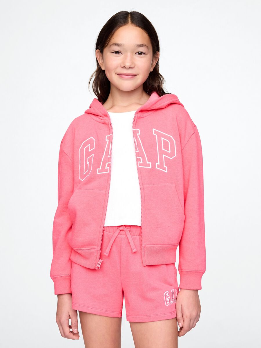 Felpa in misto cotone rosa da ragazza regular fit con zip e cappuccio_0