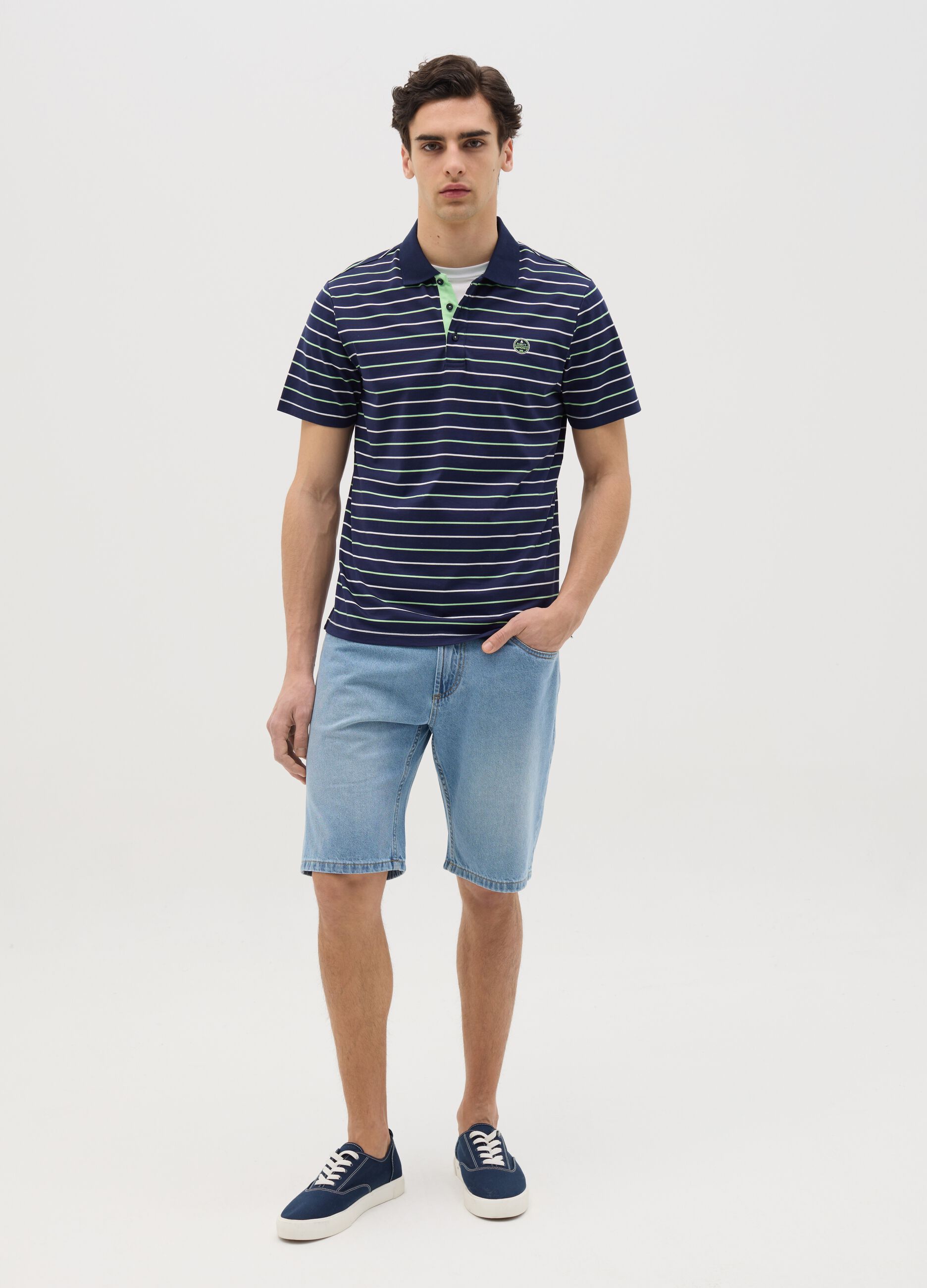 Blue striped polo shirt with short sleeves