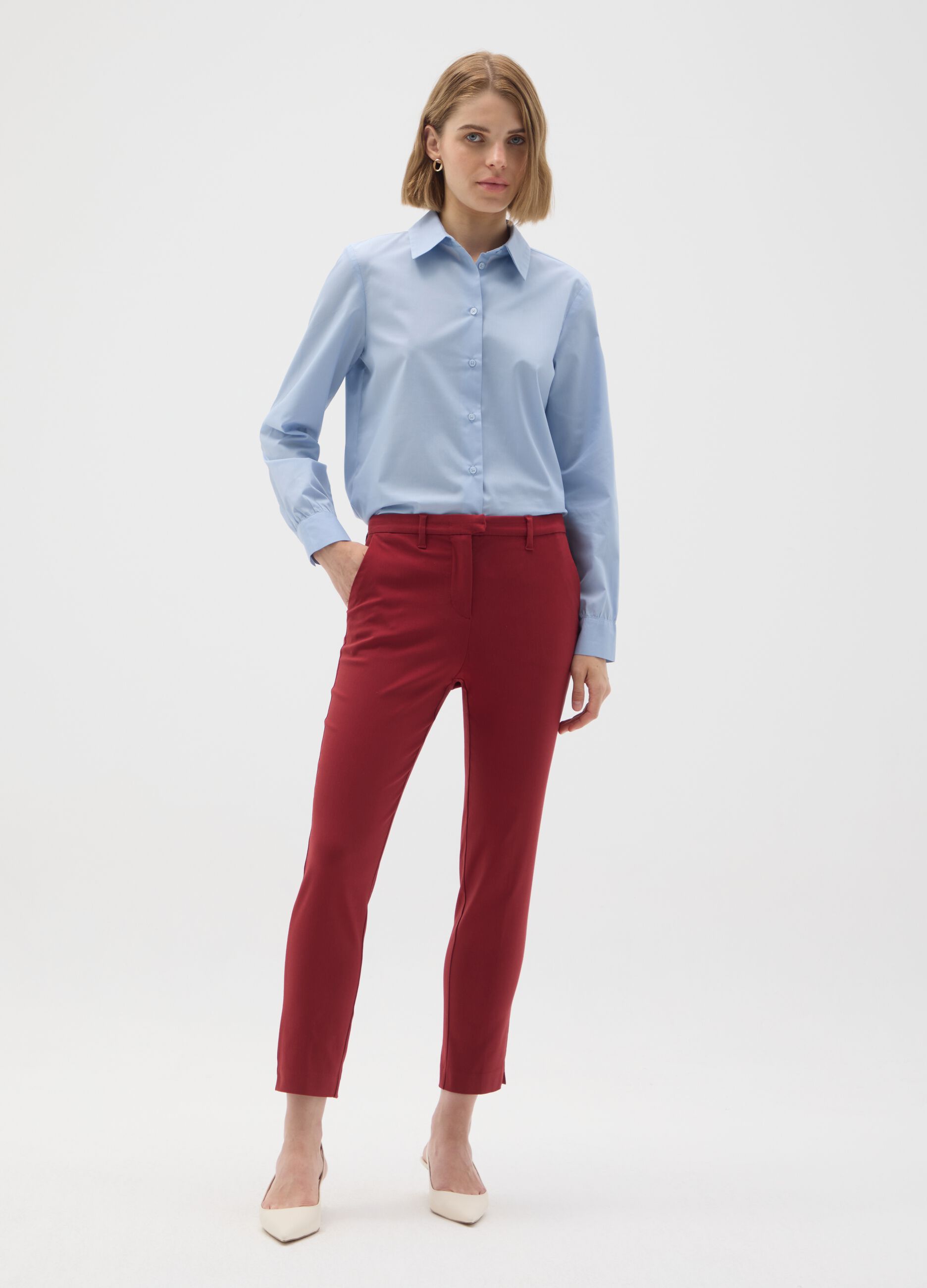 Red viscose blend slim fit trousers