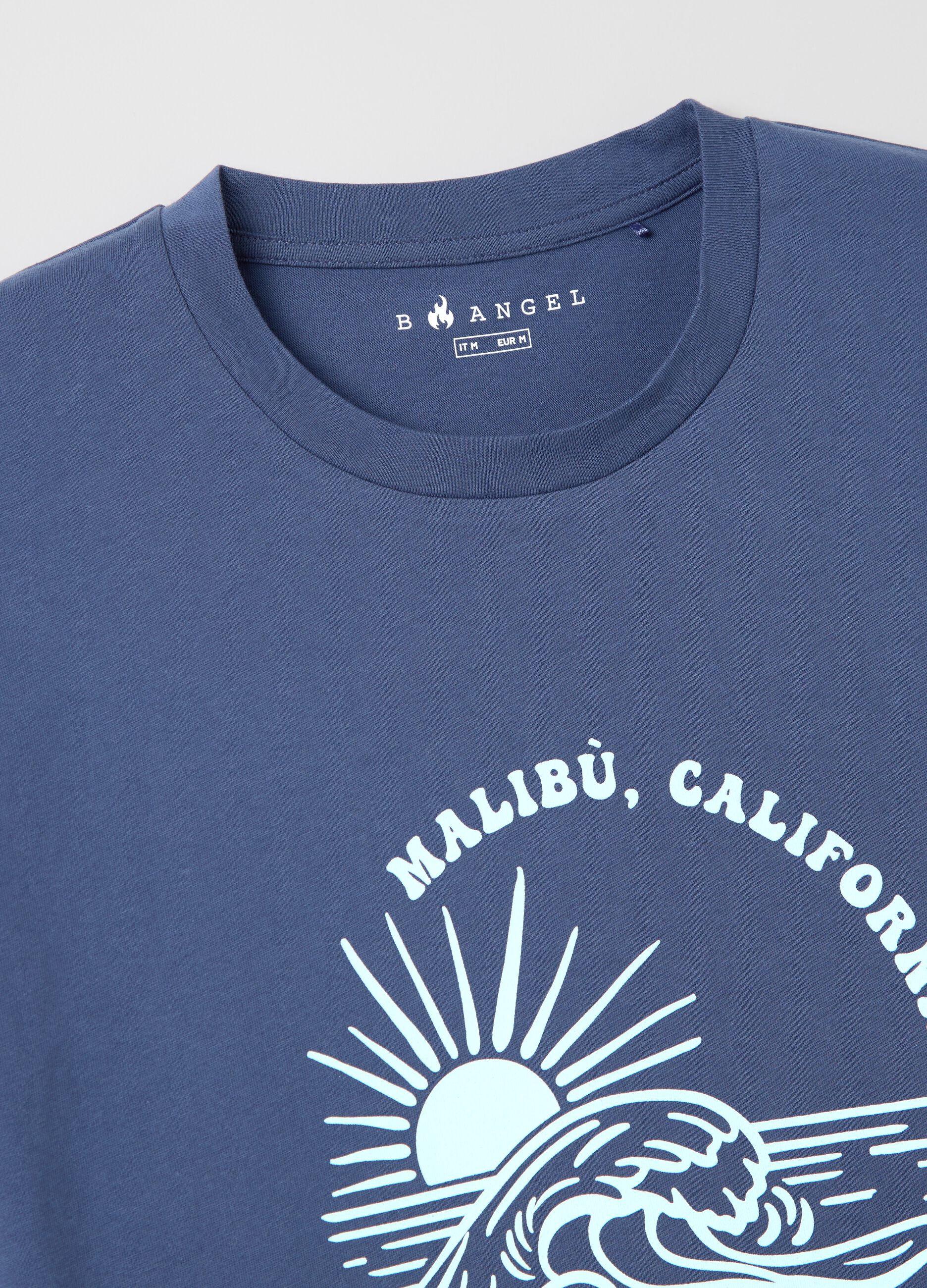 Men's blue cotton T-shirt with Malibu print