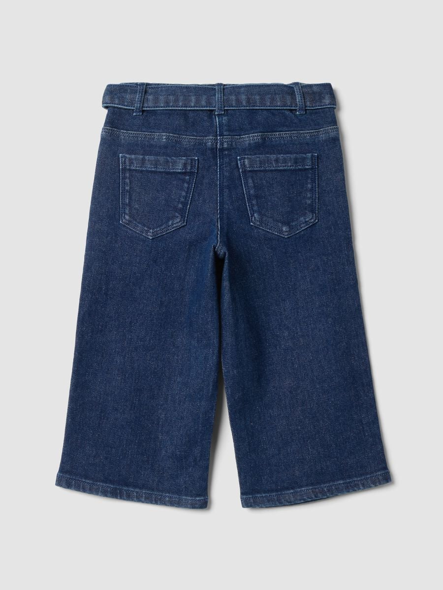 Blue stretch cotton wide-leg jeans with belt_1