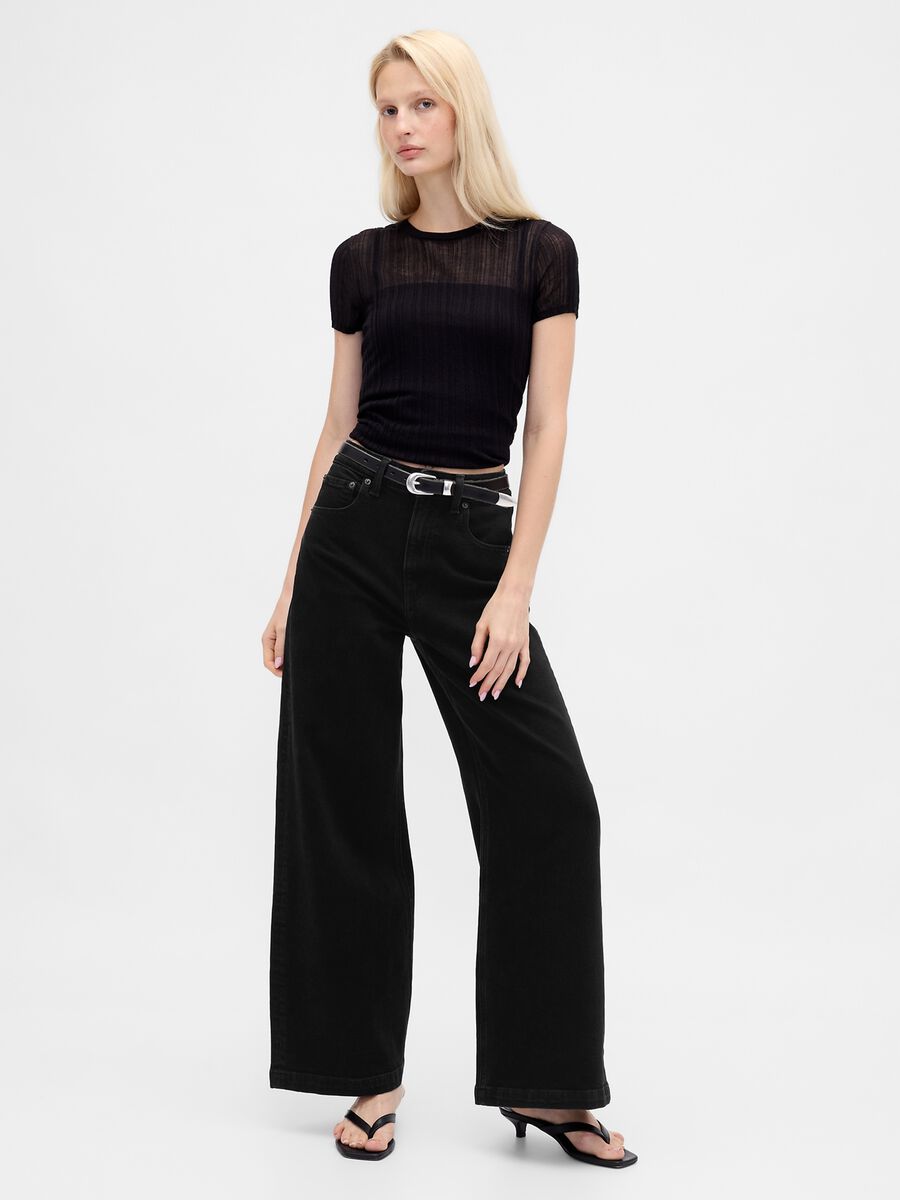 Black wide leg stretch cotton trousers_0