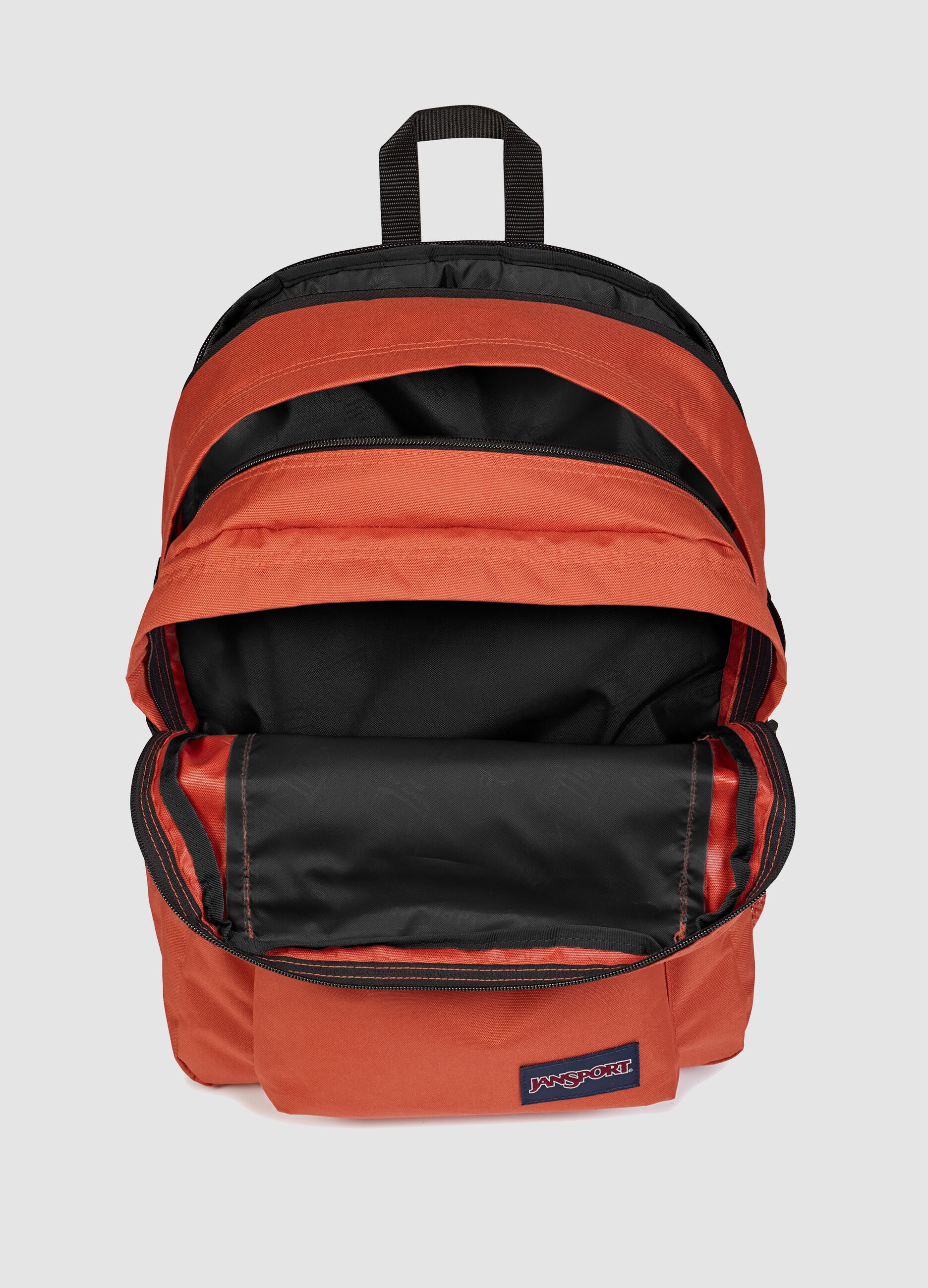Orange backpack with front pocket and adjustable shoulder straps