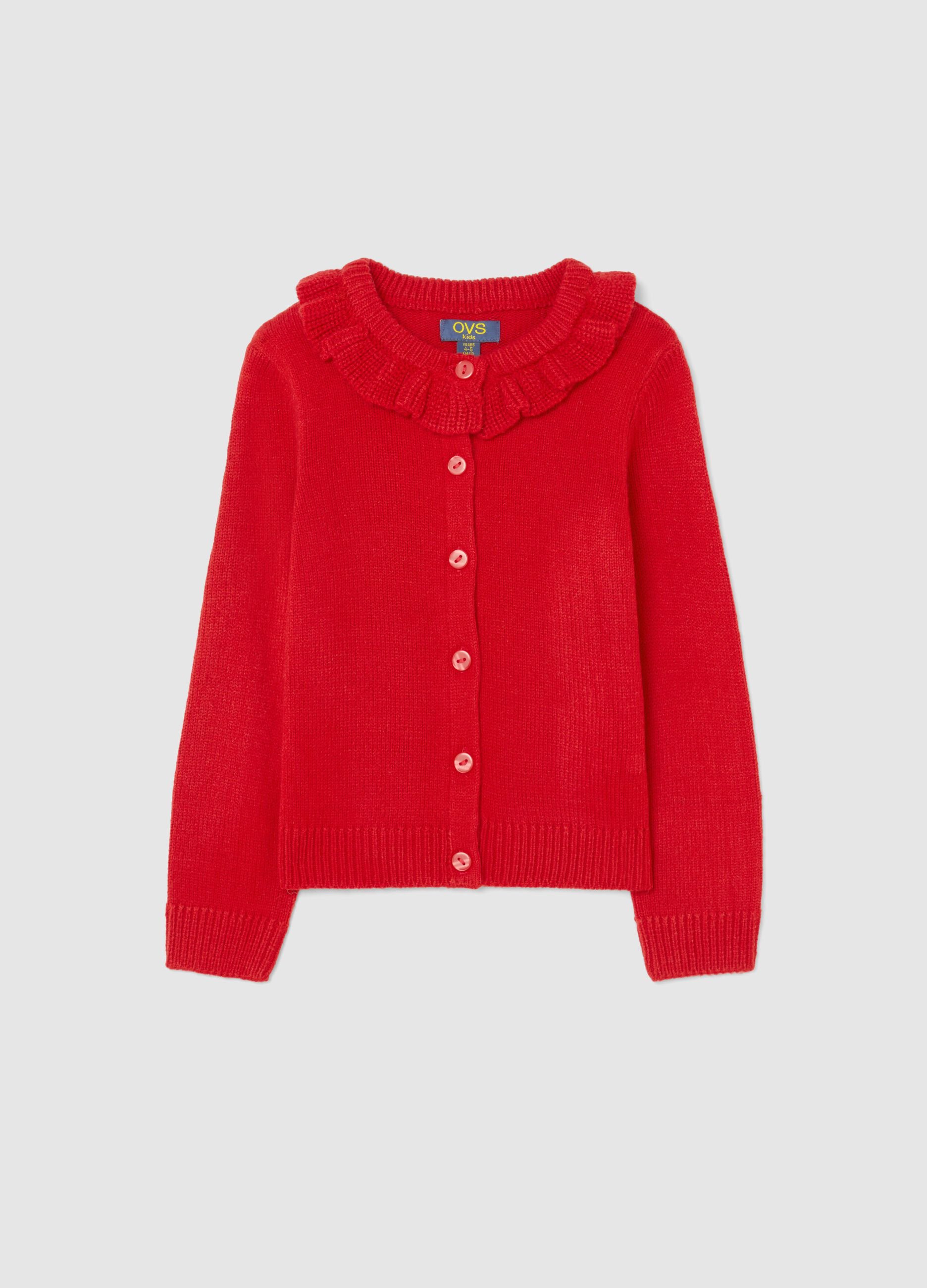 Girls' red regular fit cardigan with decorated round neck