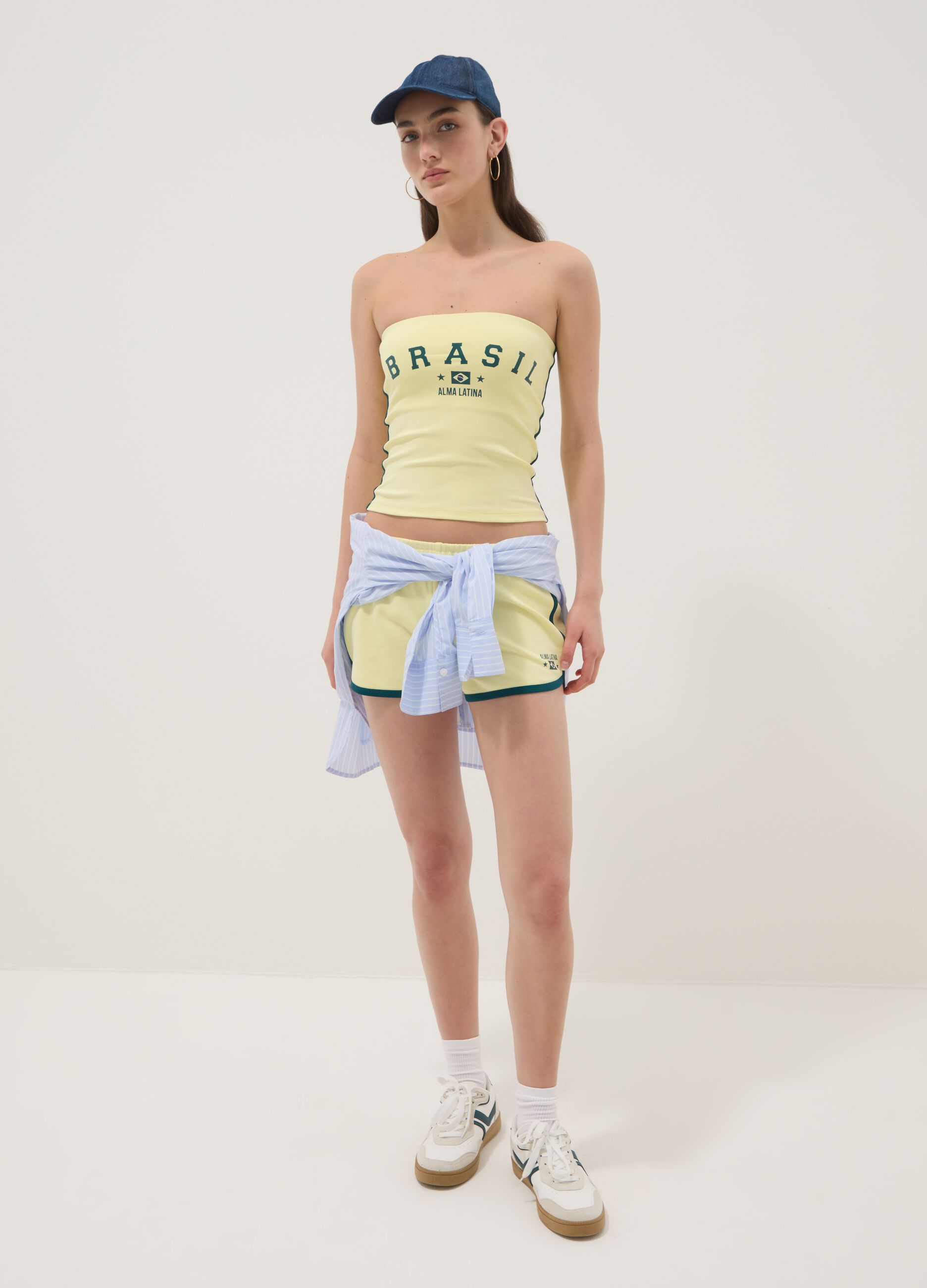 Yellow strapless bandeau top in stretch cotton