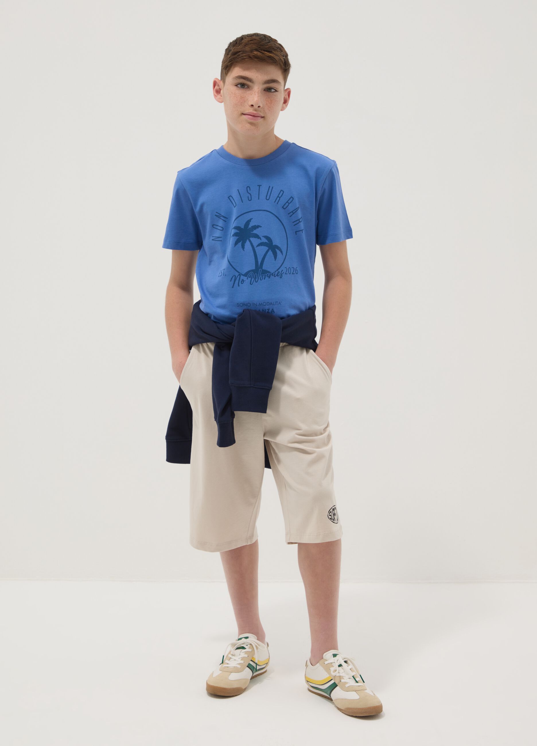 Beige organic cotton Bermuda shorts with elasticated waist