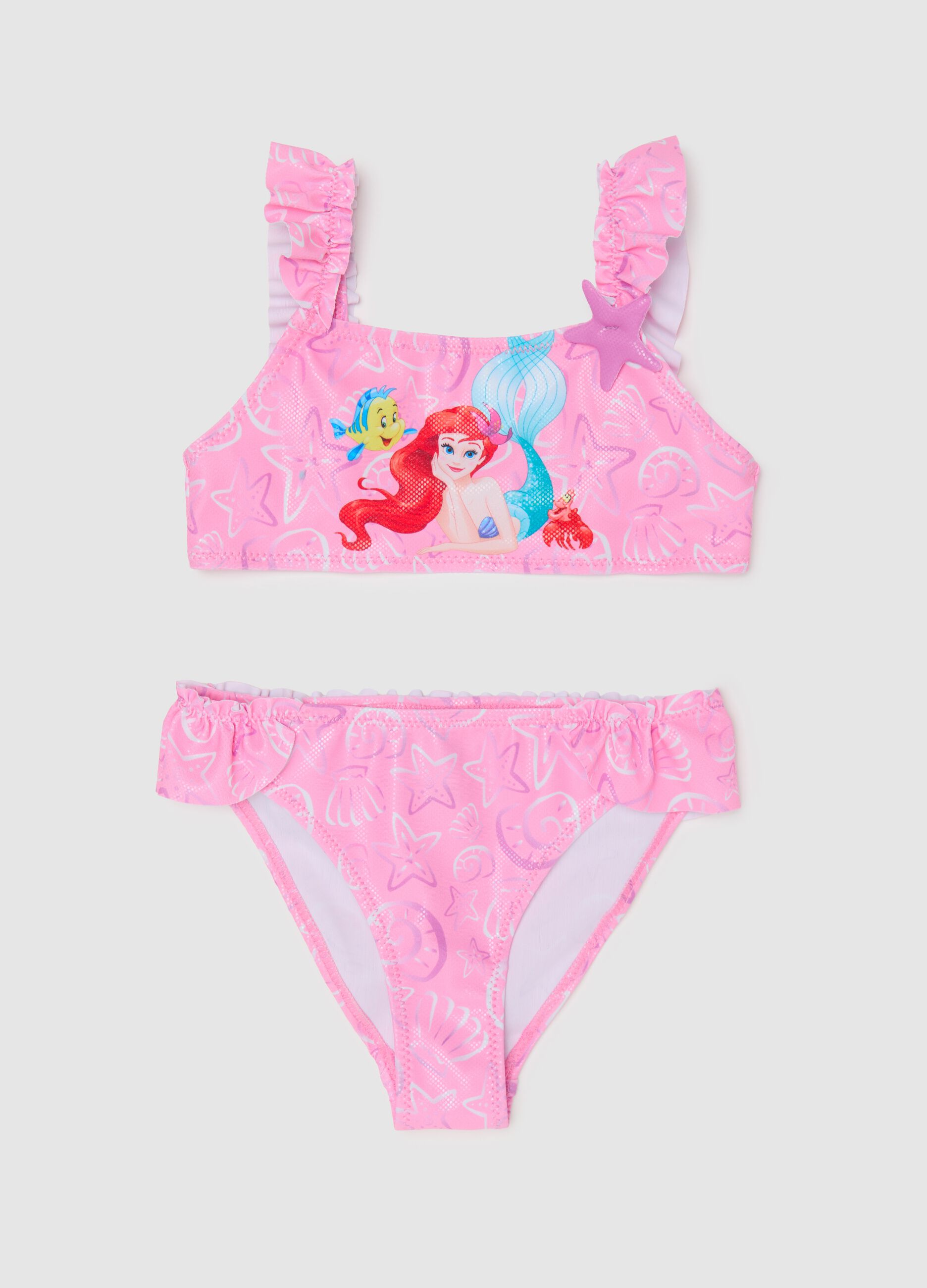 Bikini da bambina in tessuto elasticizzato rosa con ruches e stampa Disney