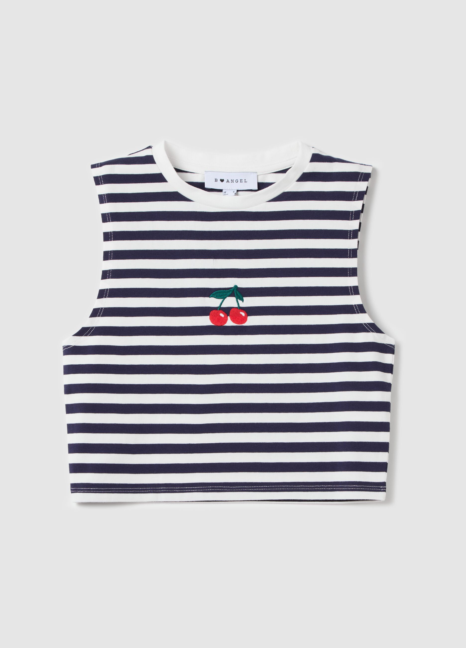 White and blue cropped tank top with embroidery