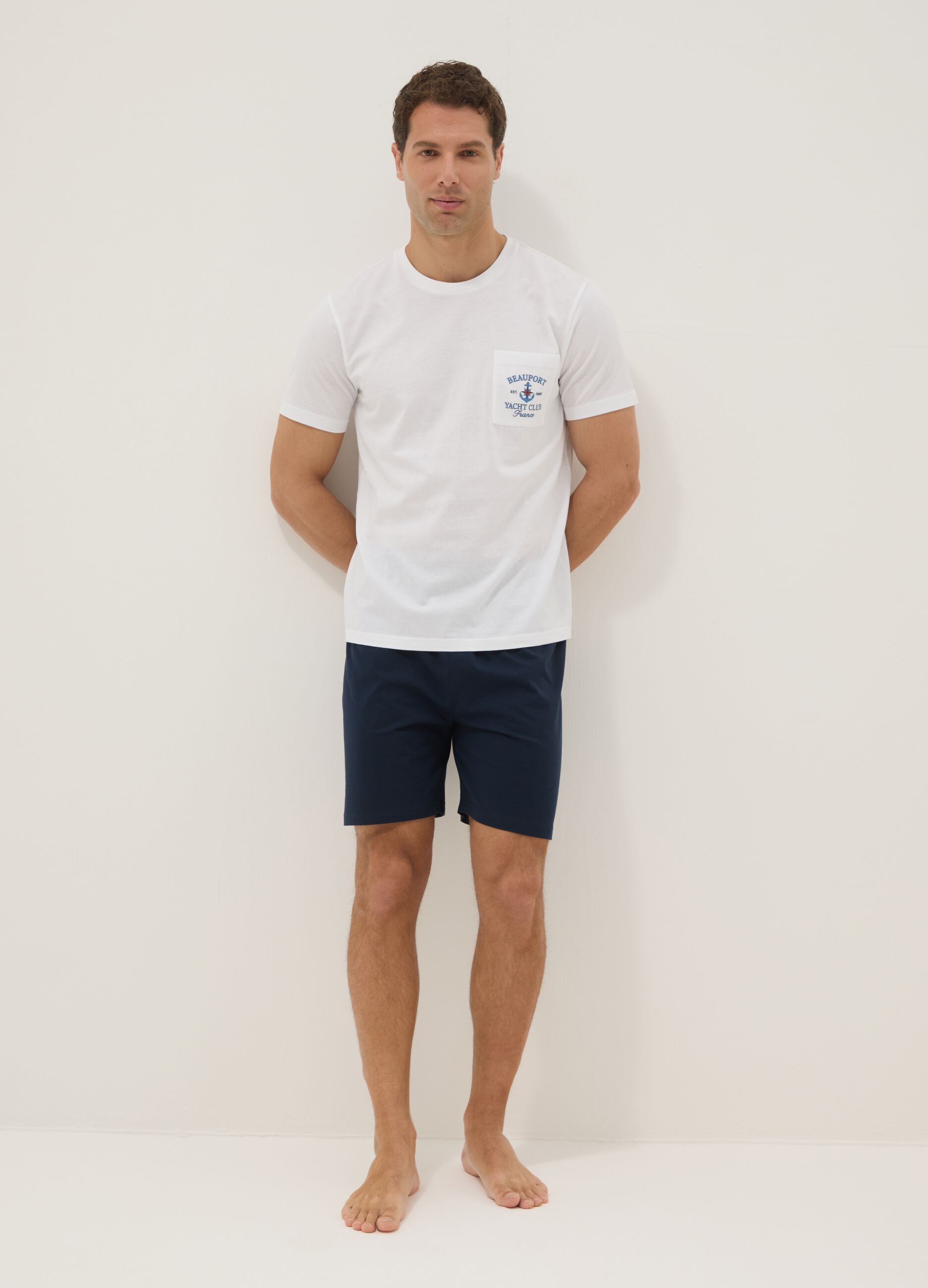 White and blue pure cotton jersey pyjamas, regular fit