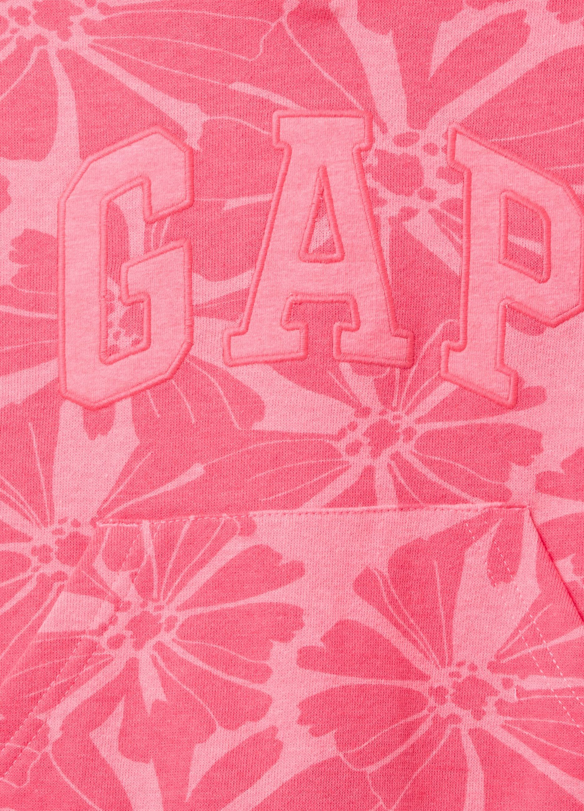 Pink sweatshirt in French terry with hood, flowers print and logo embroidery