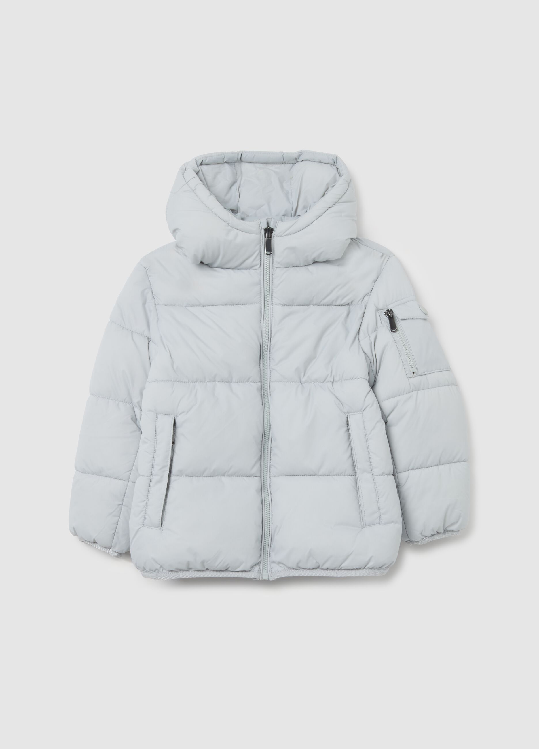 Light Grey Iconic Puffer Jacket for Kids with Hood