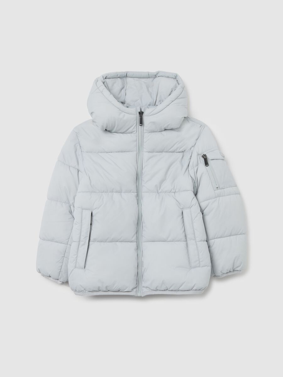Light Grey Iconic Puffer Jacket for Kids with Hood_0