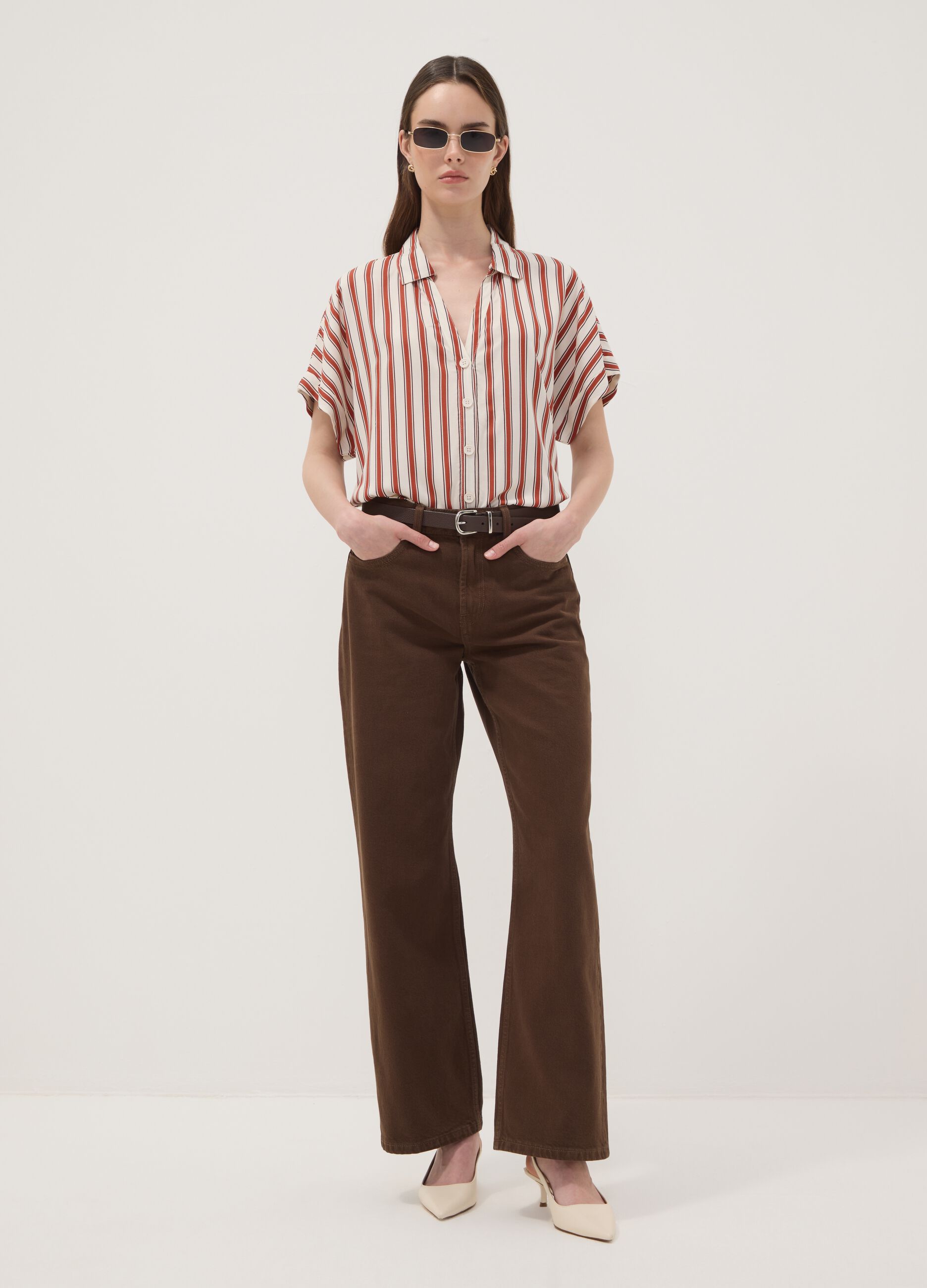 Multicolour striped pure viscose short-sleeve oversized shirt