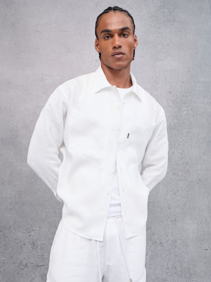 100% Linen Cargo Shirt White_5