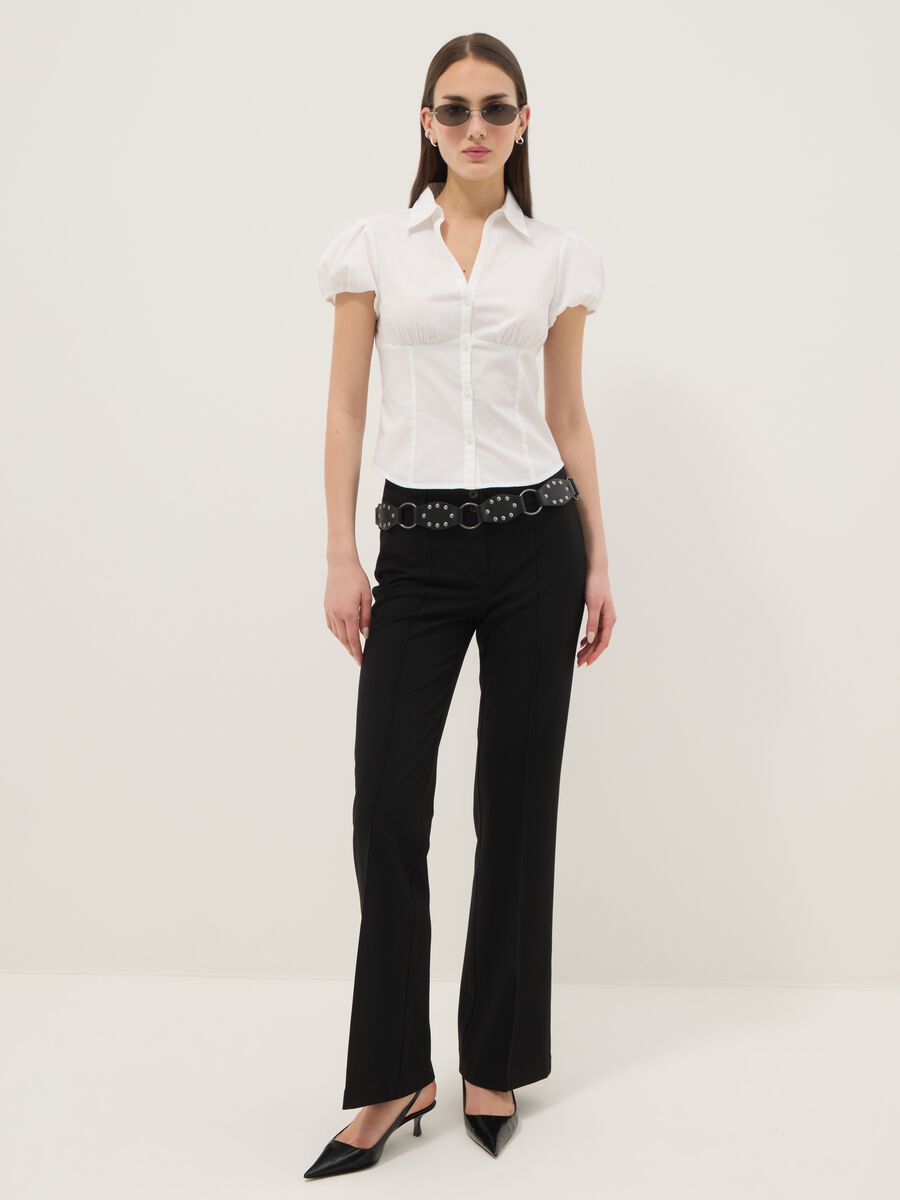 Black flare fit stretch fabric trousers_1