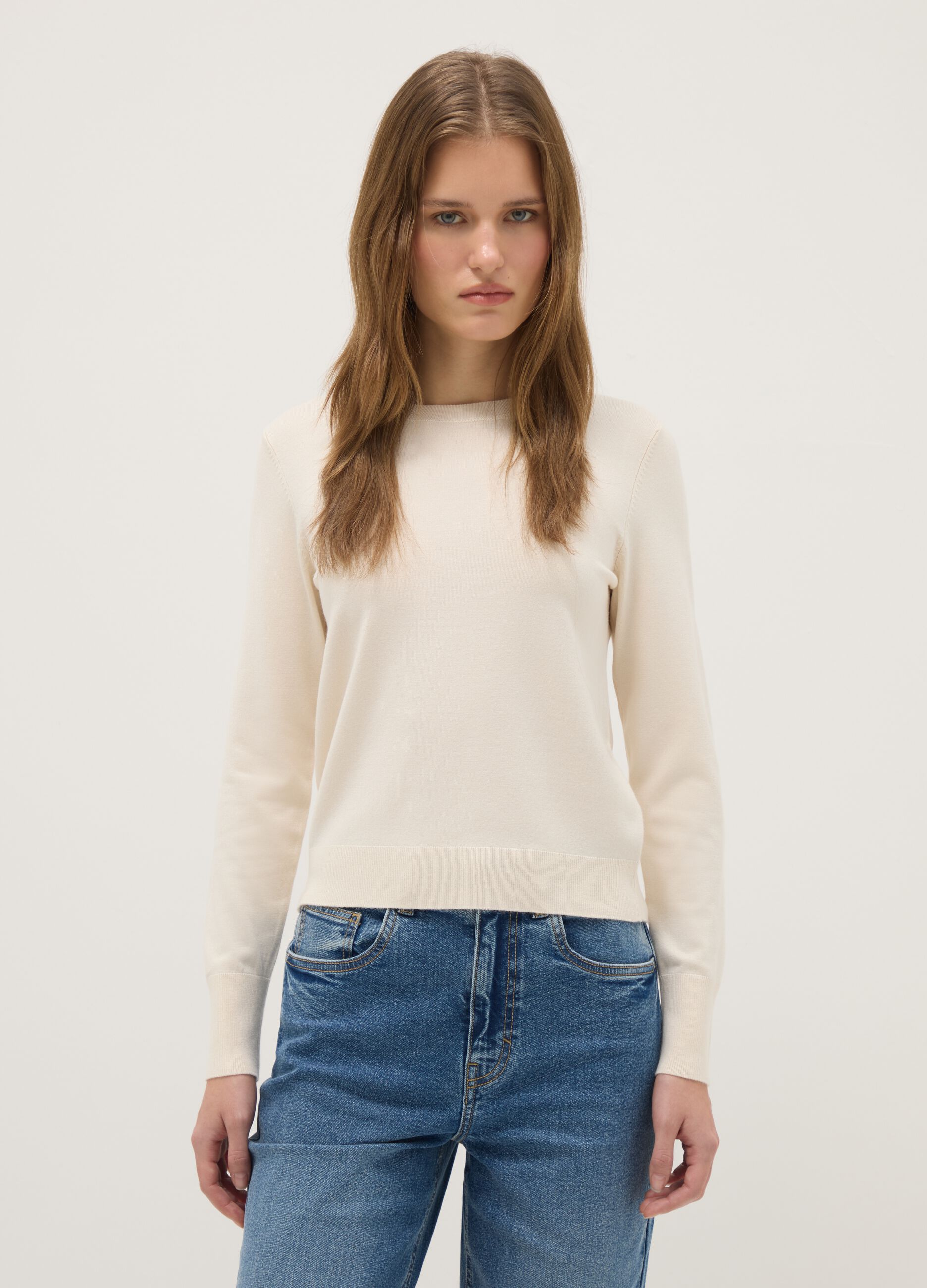 Beige Round Neck Regular Fit Sweater