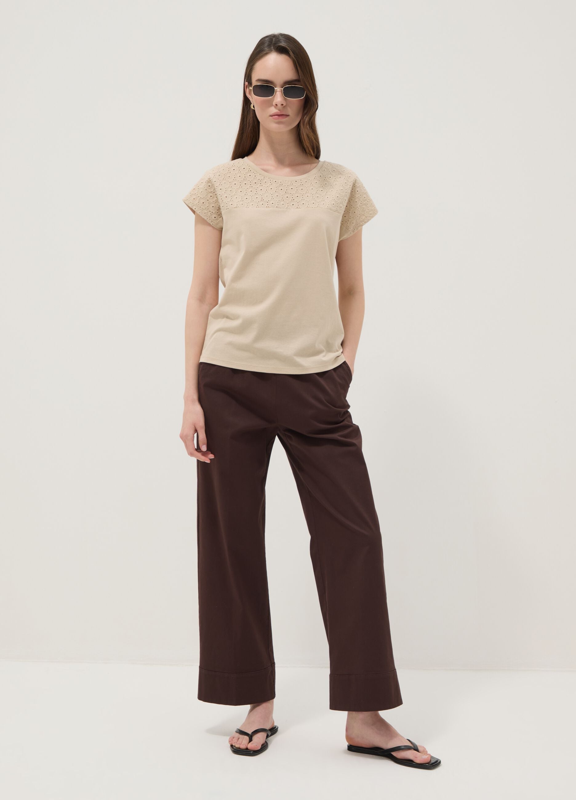 Beige pure cotton T-shirt with broderie anglaise