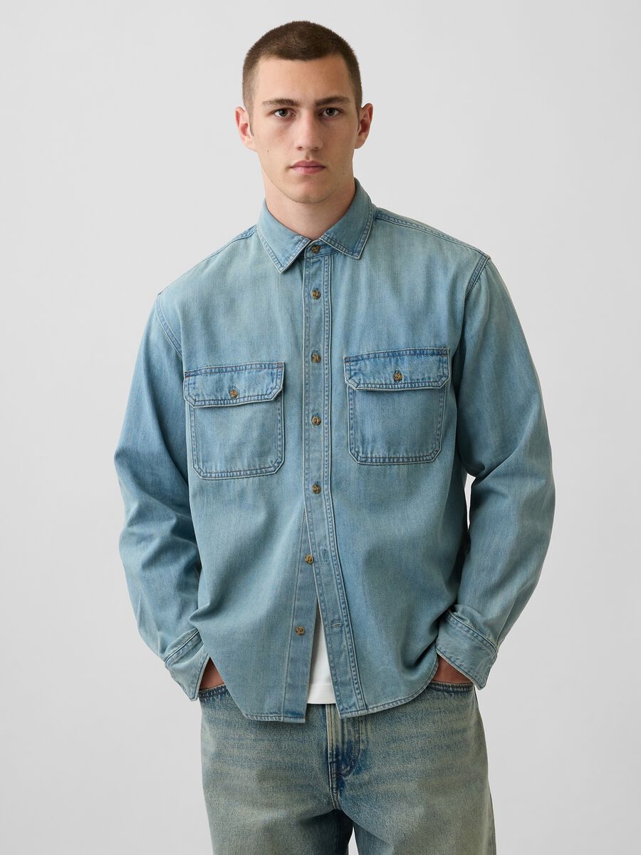 Camicia denim in misto cotone e lyocell con due tasche_0