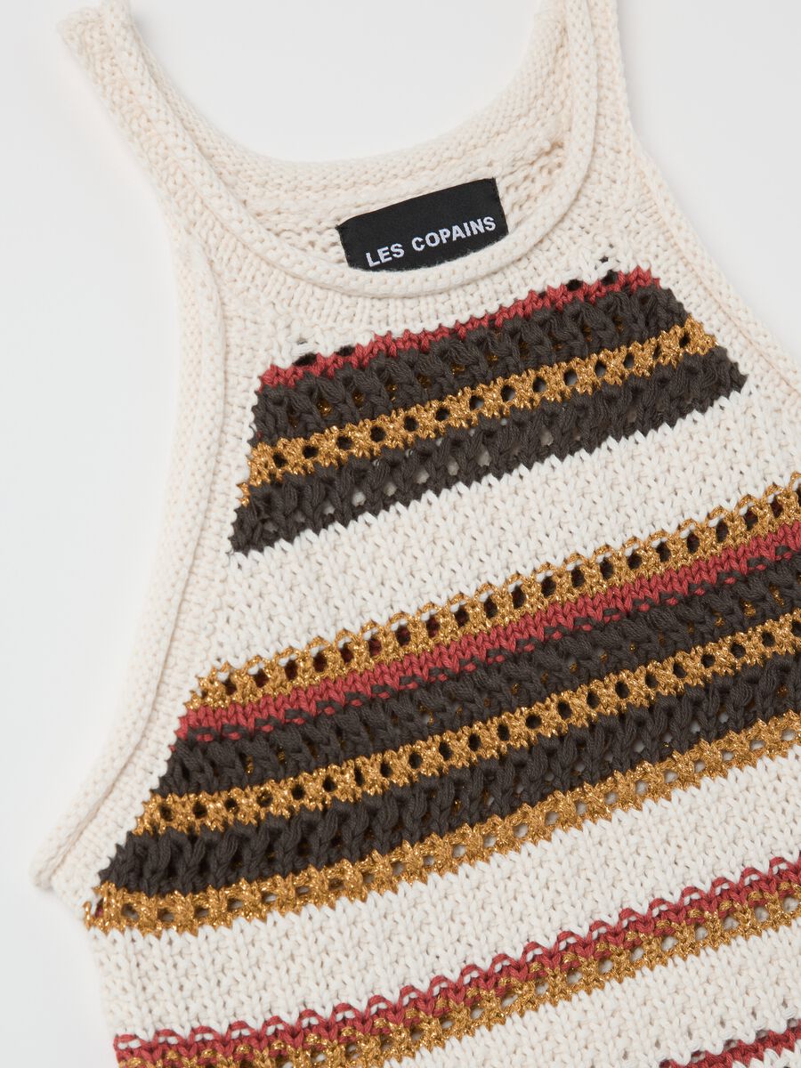 Beige and brown striped crochet tank top with lurex details_5
