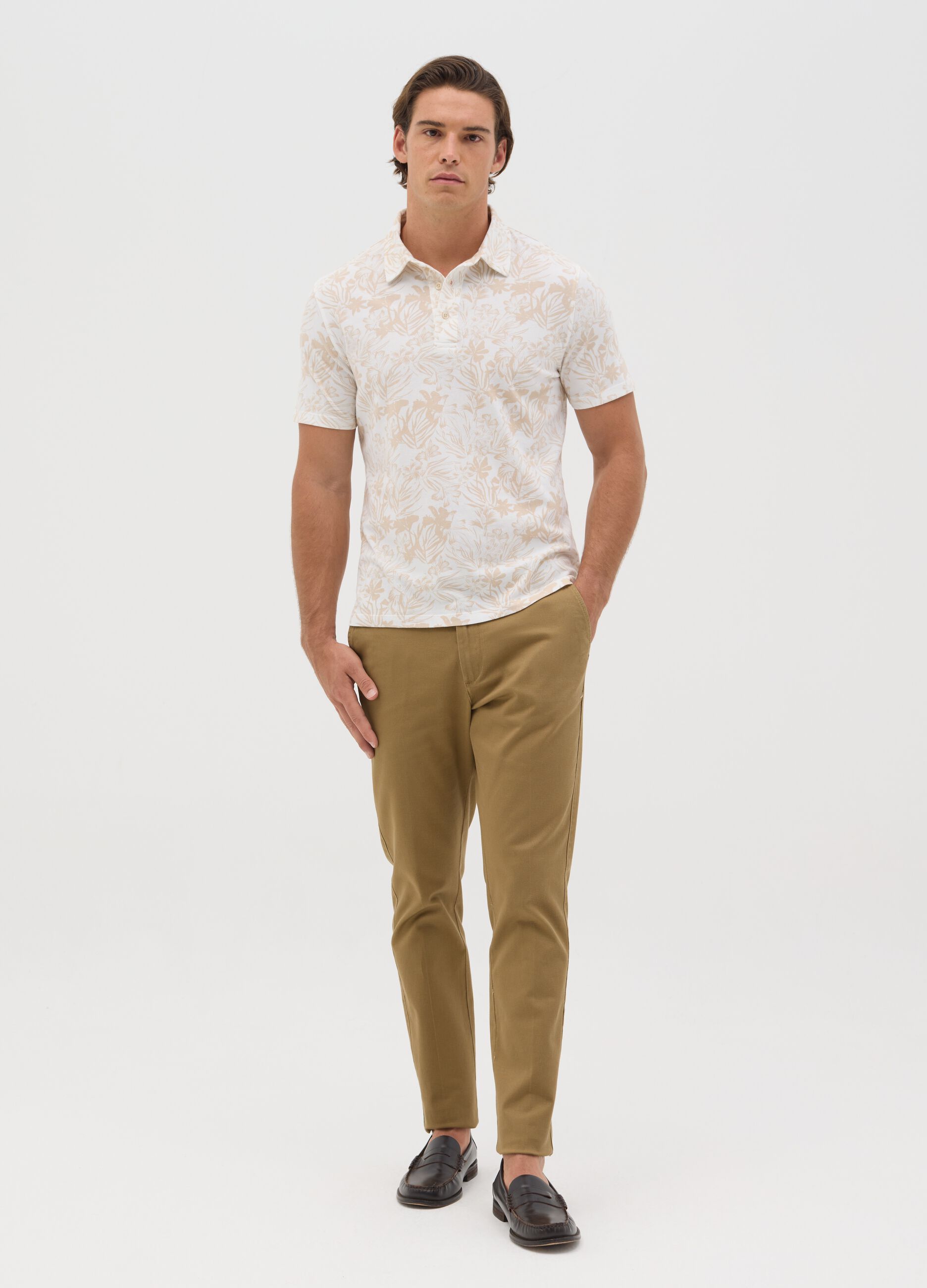 Polo a maniche corte beige con stampa floreale BST