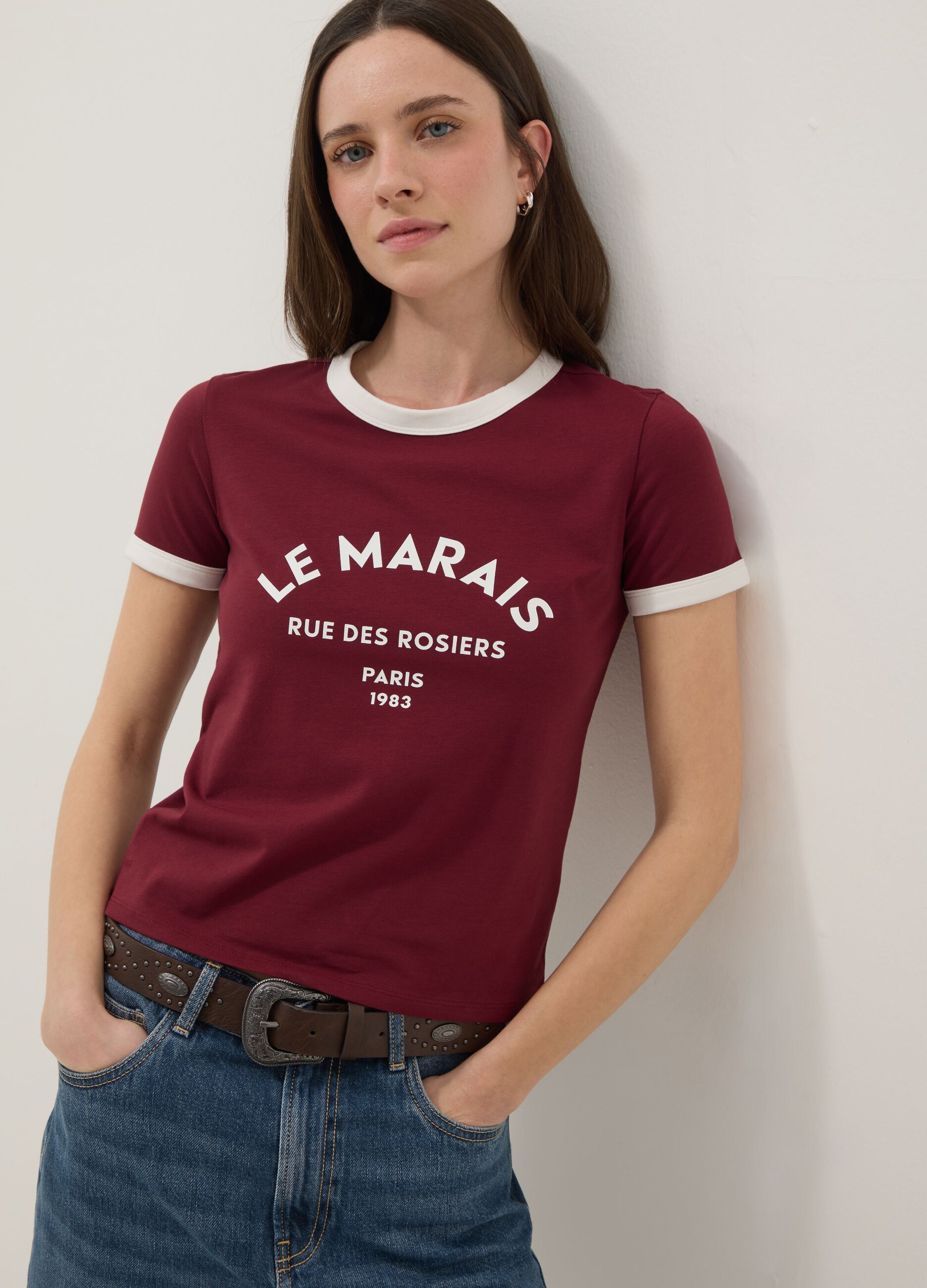 Red stretch cotton regular fit t-shirt with print