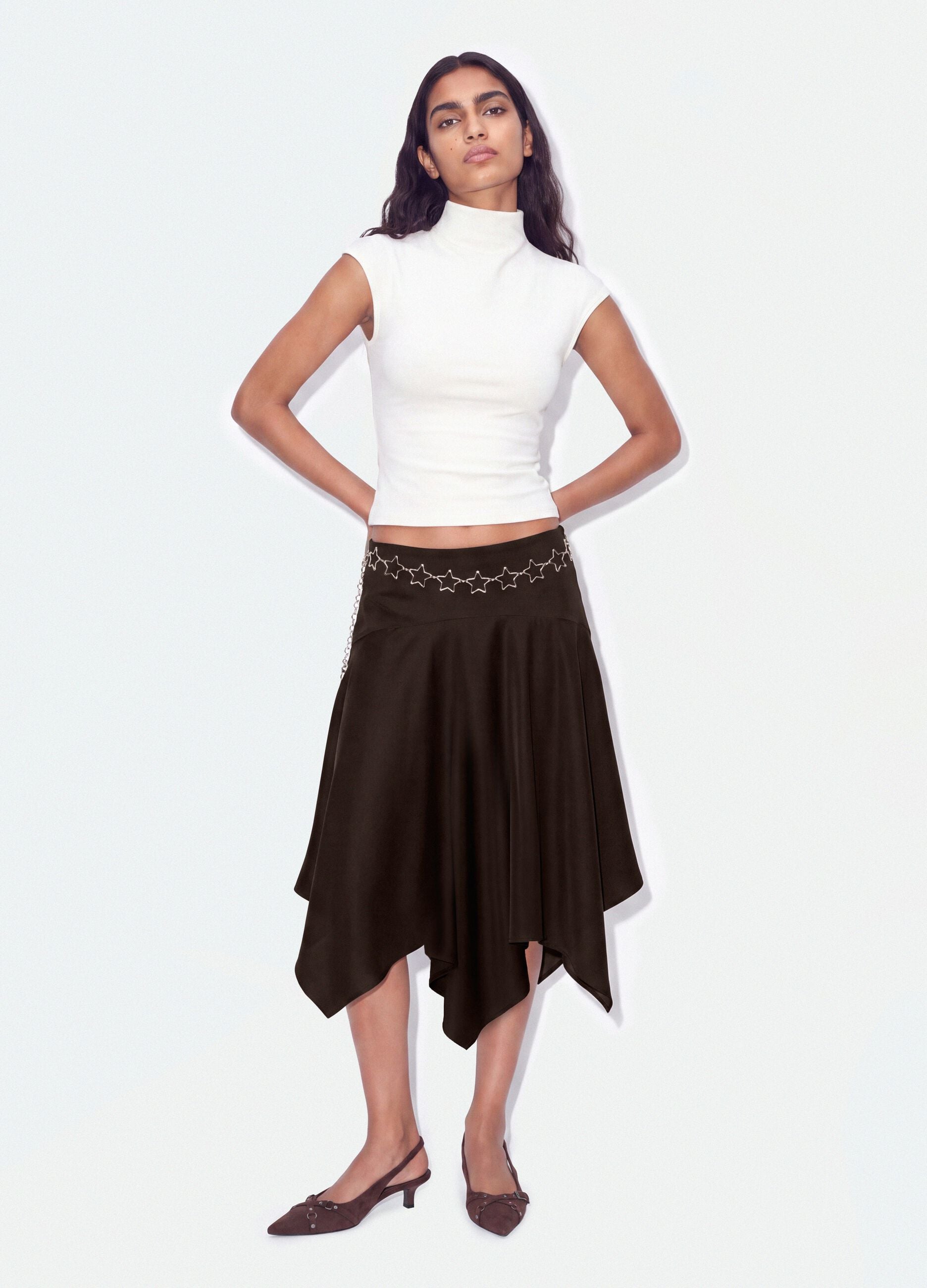 Brown midi skirt with asymmetric hem