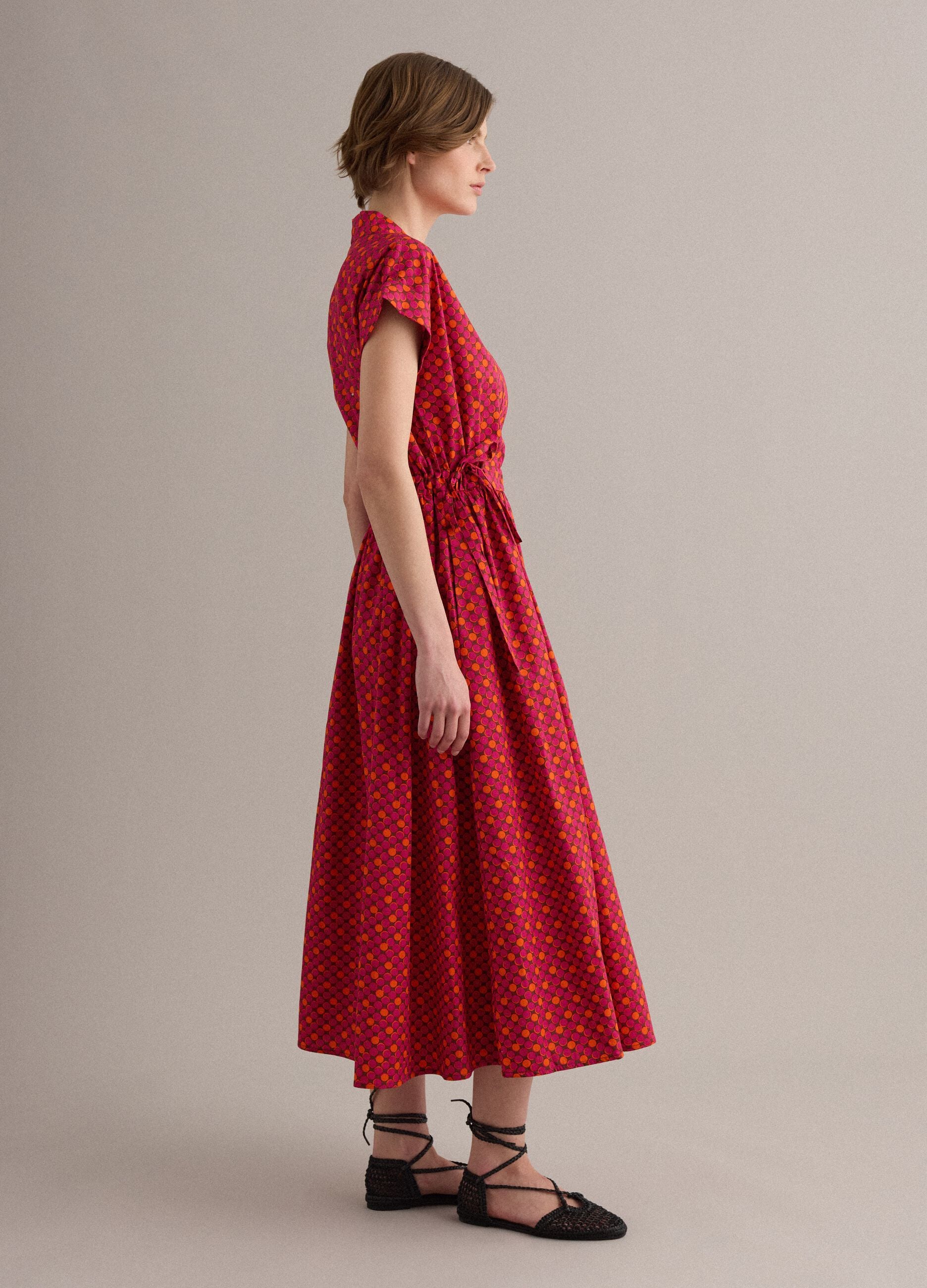 Red pure cotton midi dress with printed pattern