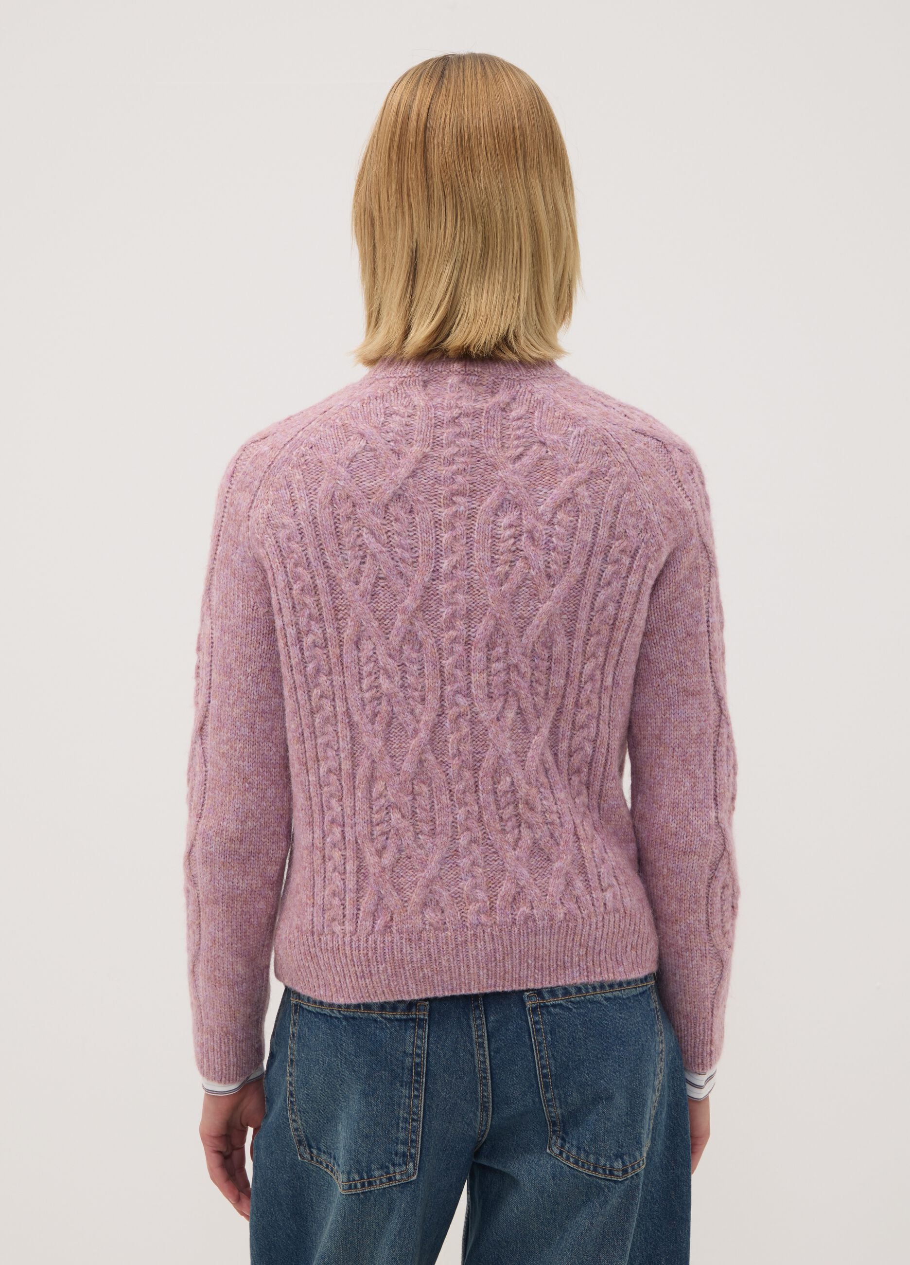 Pink wool-blend cable-knit crew neck jumper