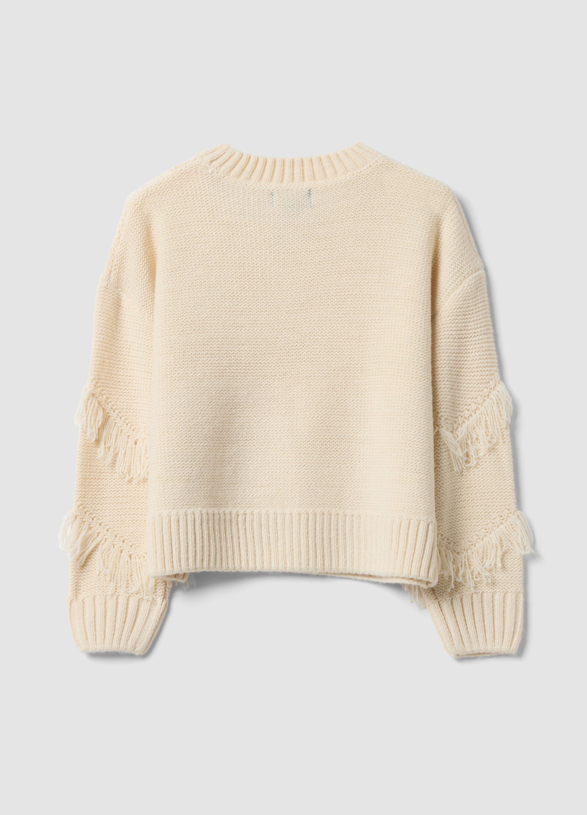 Beige knit jumper with fringes and crew neck for girls