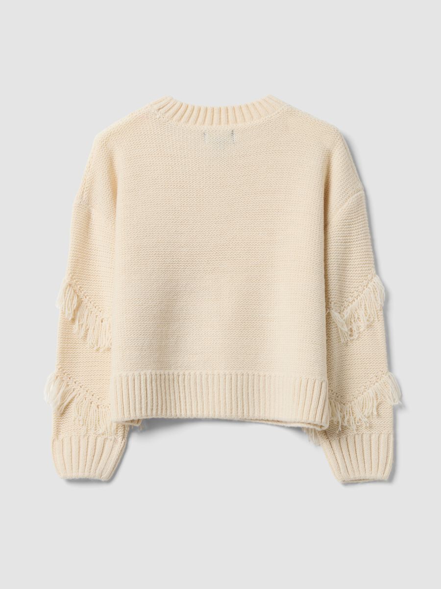 Maglia beige in maglia rasata con frange e girocollo per bambina_1