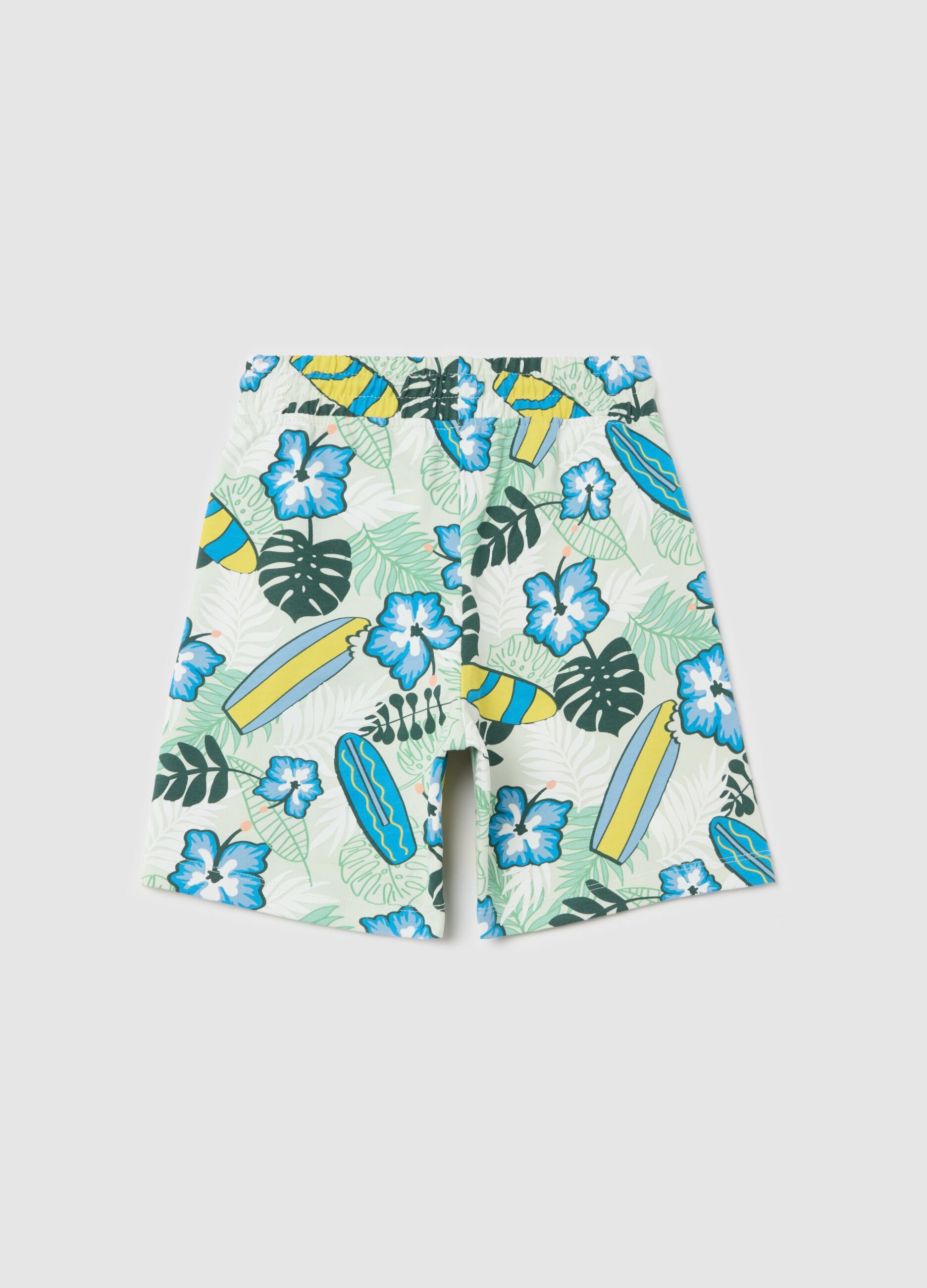 Cotton Bermuda shorts with drawstring and print