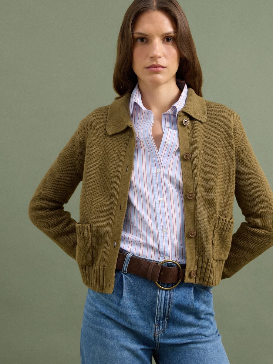 Cardigan verde in puro cotone con bottoni regular fit_1