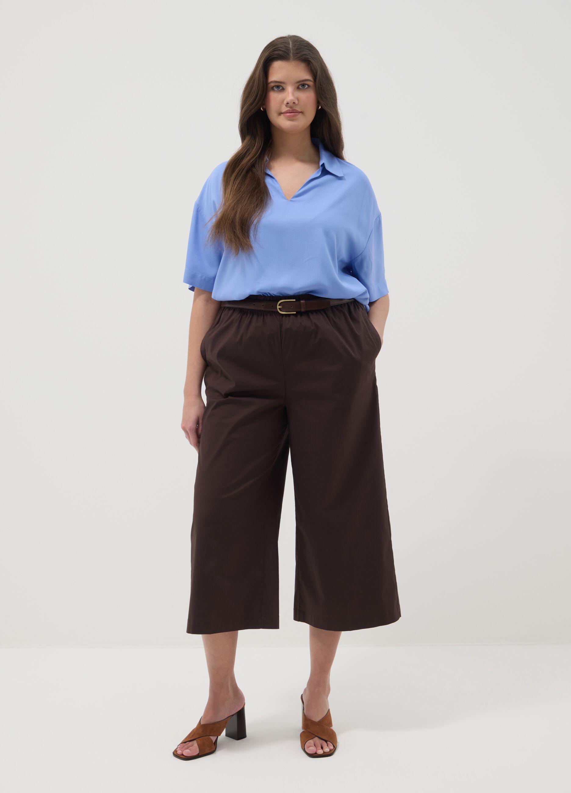 Sky-blue pure viscose shirt with classic collar