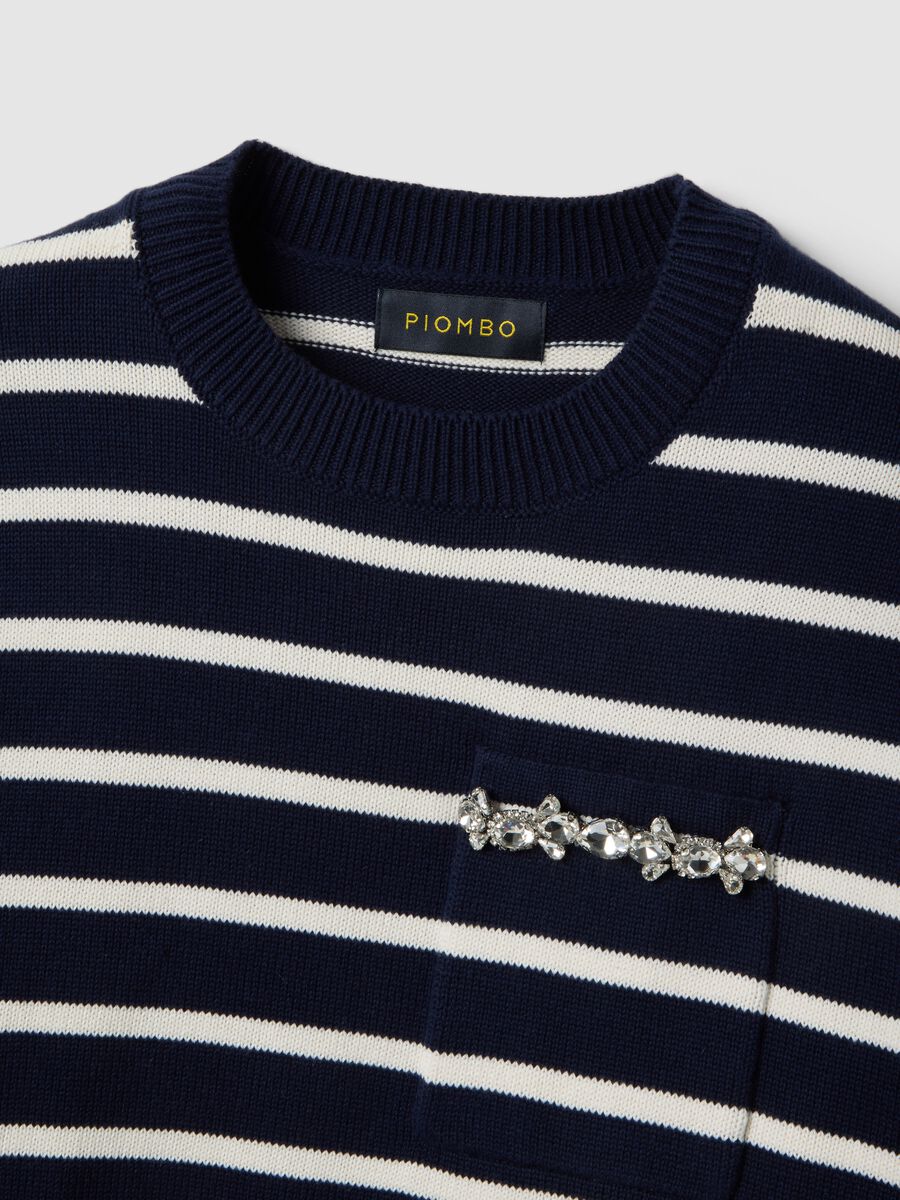 Maglione blu a righe bianche in puro cotone regular fit_1
