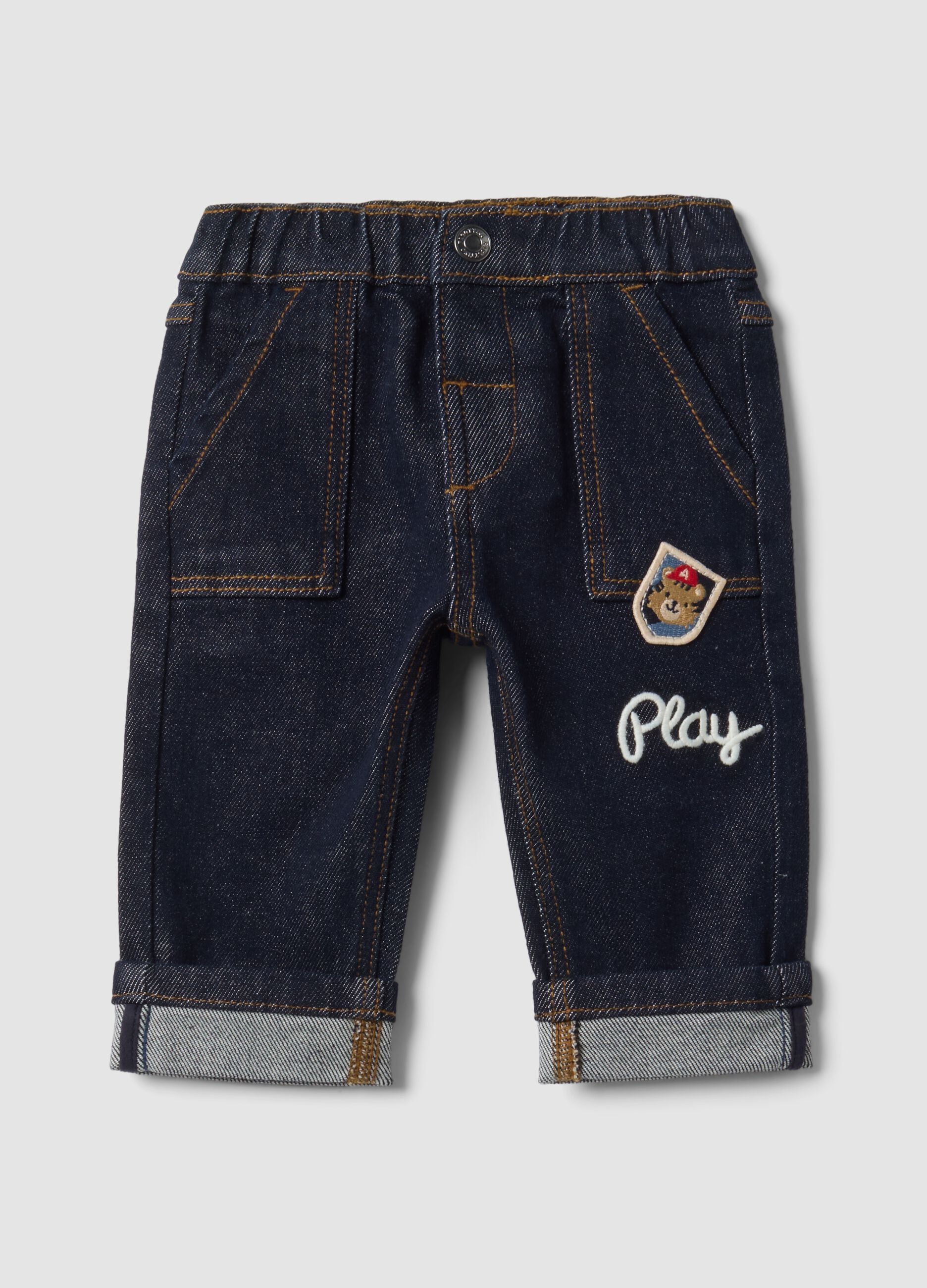 Blue stretch-cotton denim trousers with teddy bear embroidery for baby