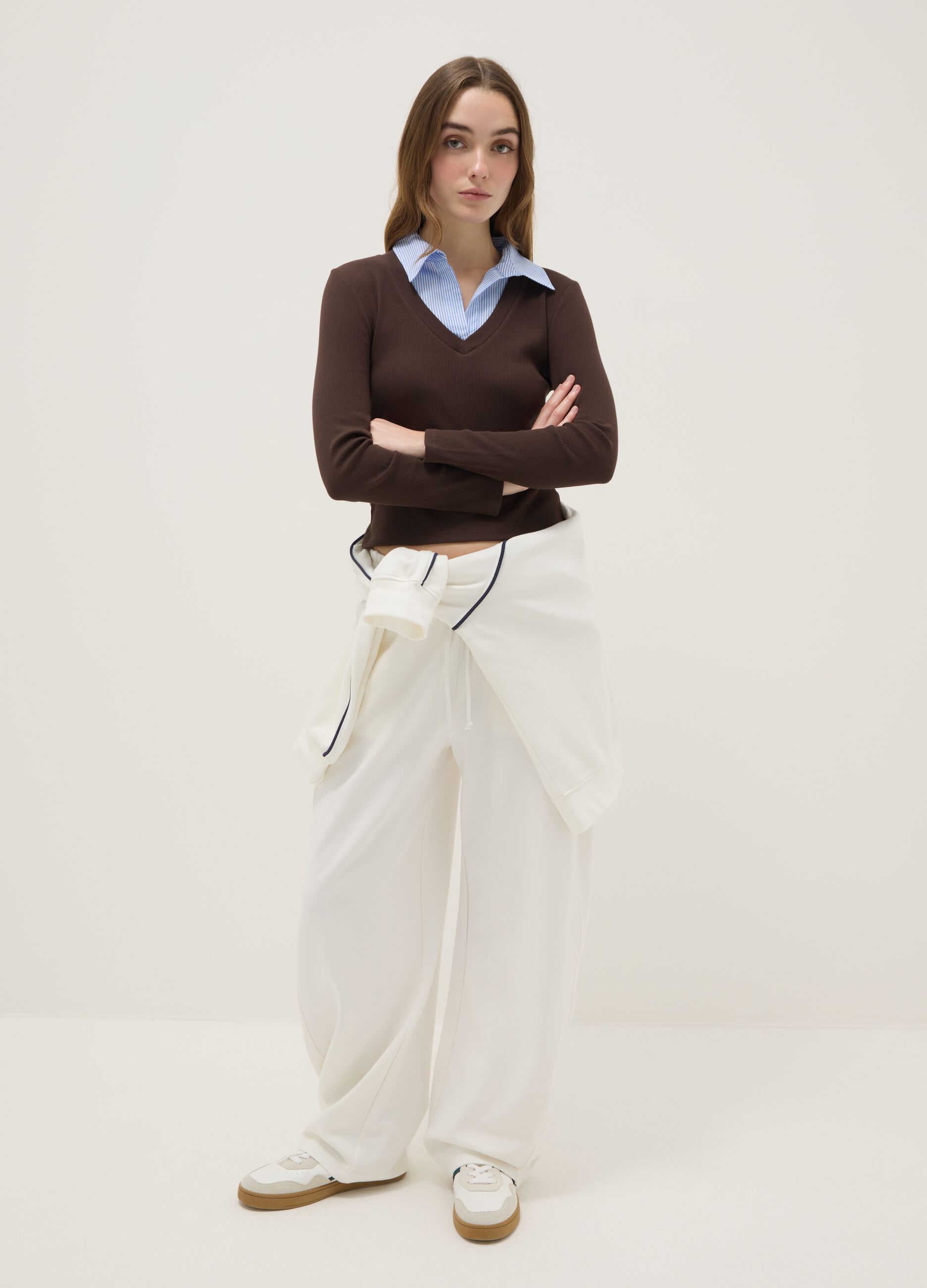 White Stretch Cotton Baggy Trousers