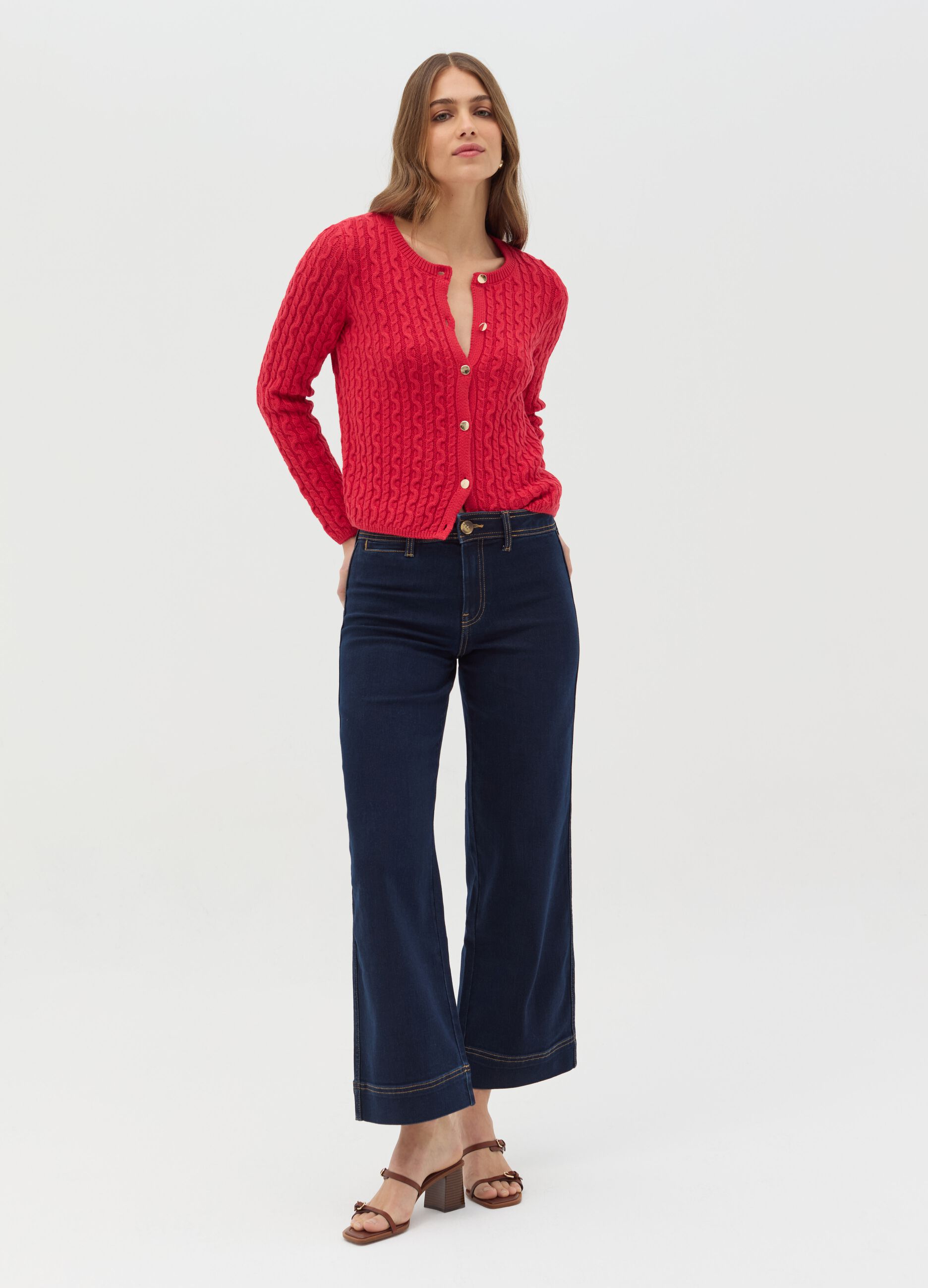 Cable-knit cardigan with golden buttons